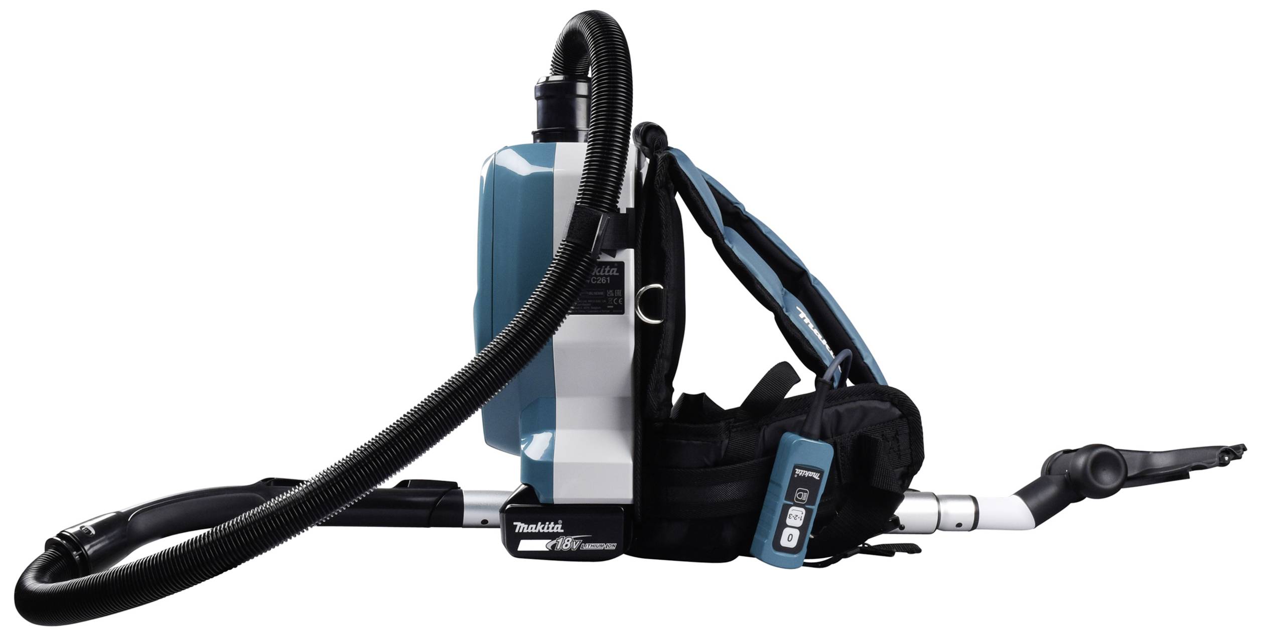 Kabelloser Rucksackstaubsauger in Schwarz und Blau mit ergonomischen Trägern, flexiblem Saugschlauch und steuerbarem Bedienfeld.