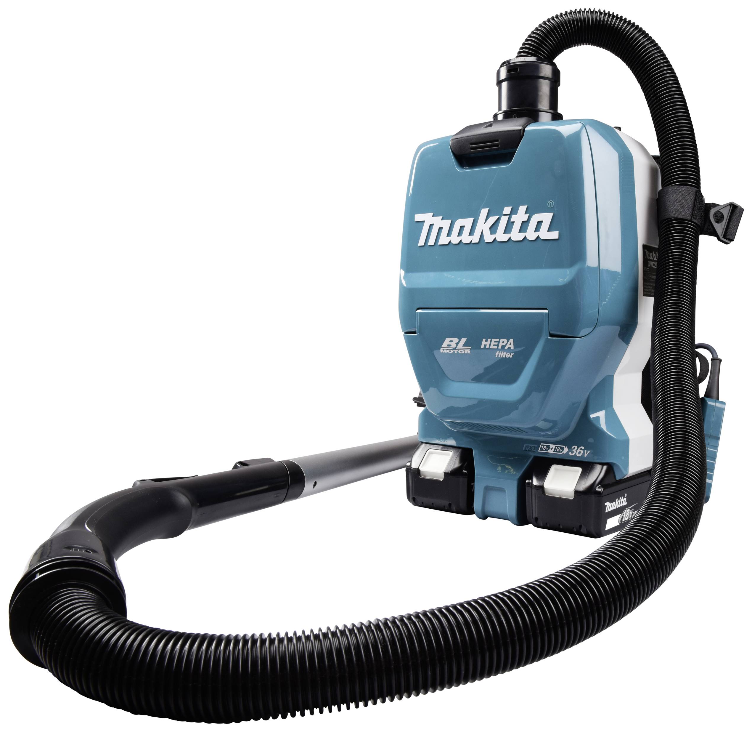 Ein mobiler Makita-Staubsauger mit einem Rucksackdesign, ausgestattet mit einem flexiblen Schlauch und HEPA-Filter für effizientes Reinigen.