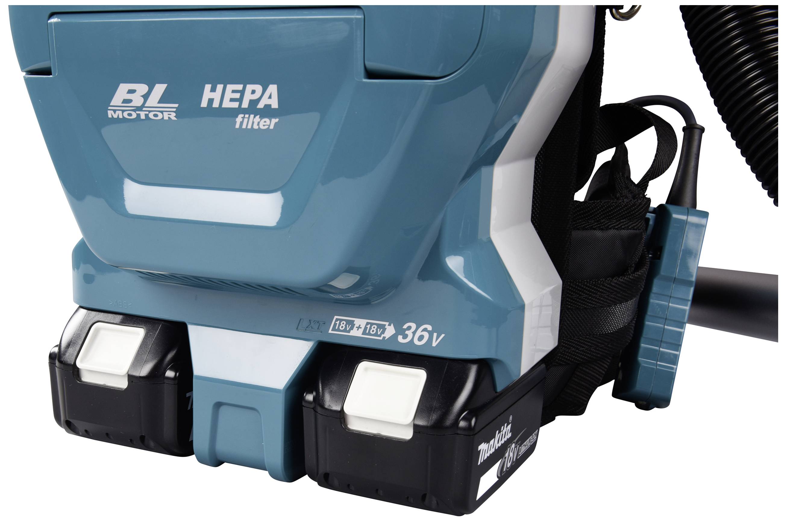 Tragbarer Staubsauger der Marke BL MOTOR mit HEPA-Filter, blaues Gehäuse, zwei Batterien, geeignet für Reinigungsarbeiten.