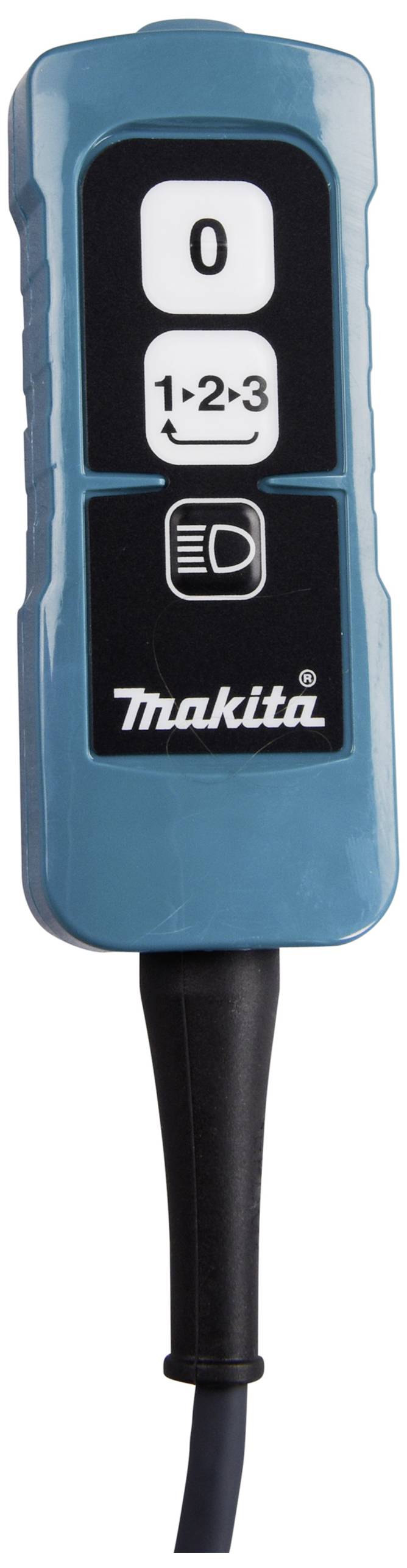Ein blauer, rechteckiger Schalter mit drei Stufen (0, 1, 2, 3) und einer Taste für Licht, mit dem Markennamen aufgedruckt.
