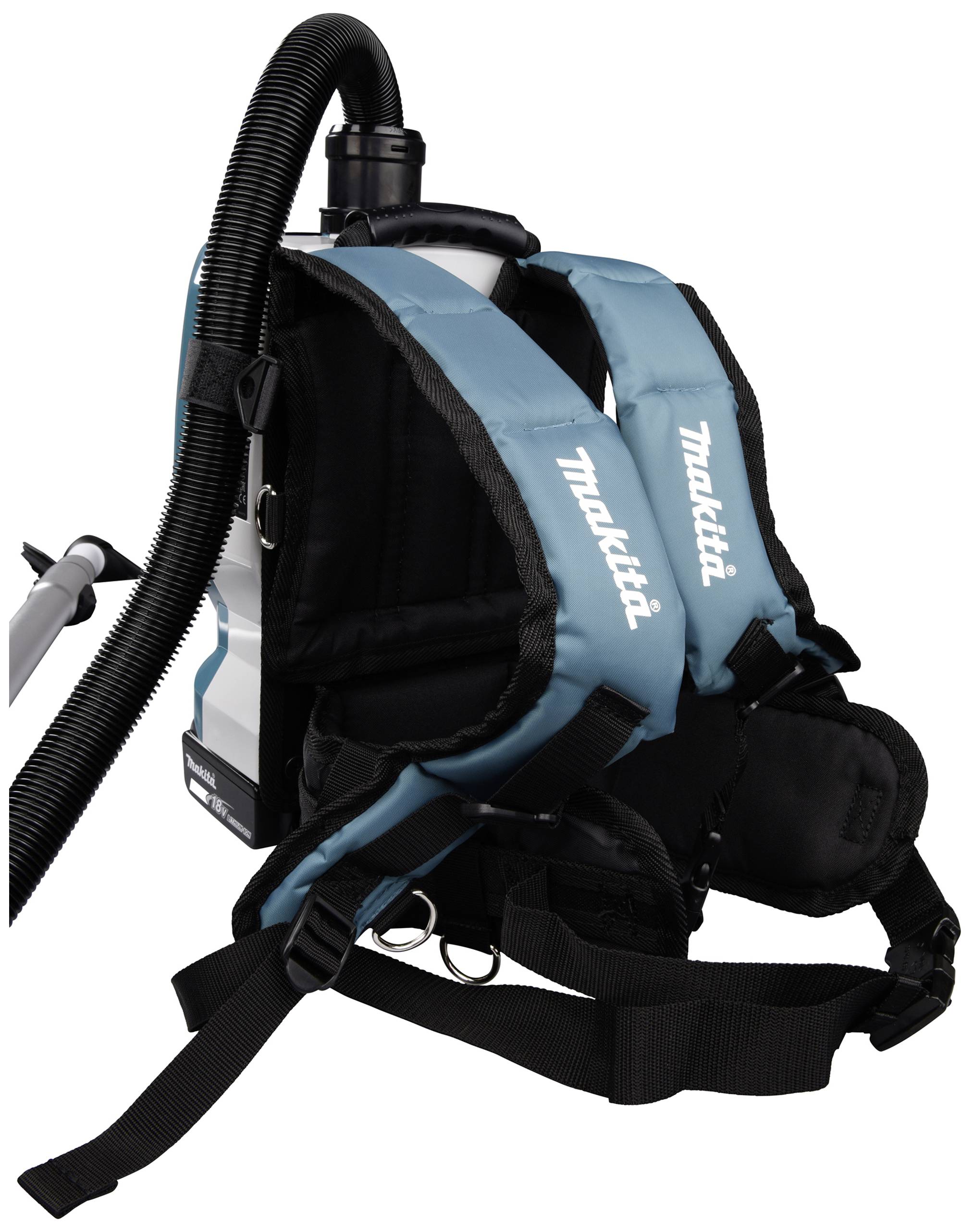 Rückansicht eines kabellosen Rucksackstaubsaugers mit dunkelblauen Gurten und einem schwarzen Schlauch, geeignet für mobile Reinigung.