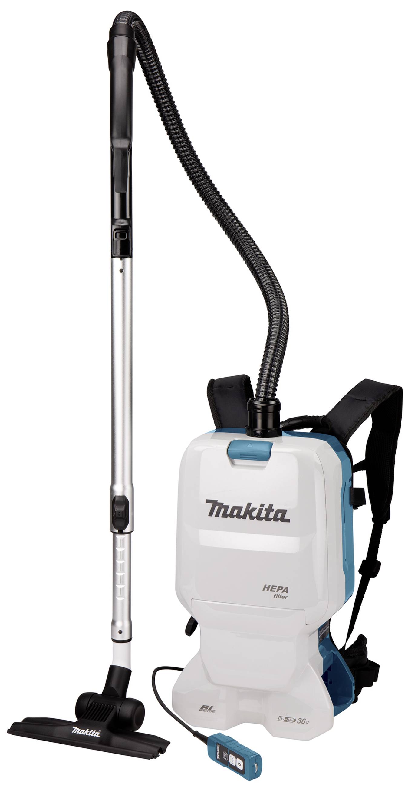 Ein tragbarer Rucksack-Staubsauger der Marke Makita, mit einem langen Saugrohr und einem HEPA-Filter, ideal für flexible Reinigungsarbeiten.