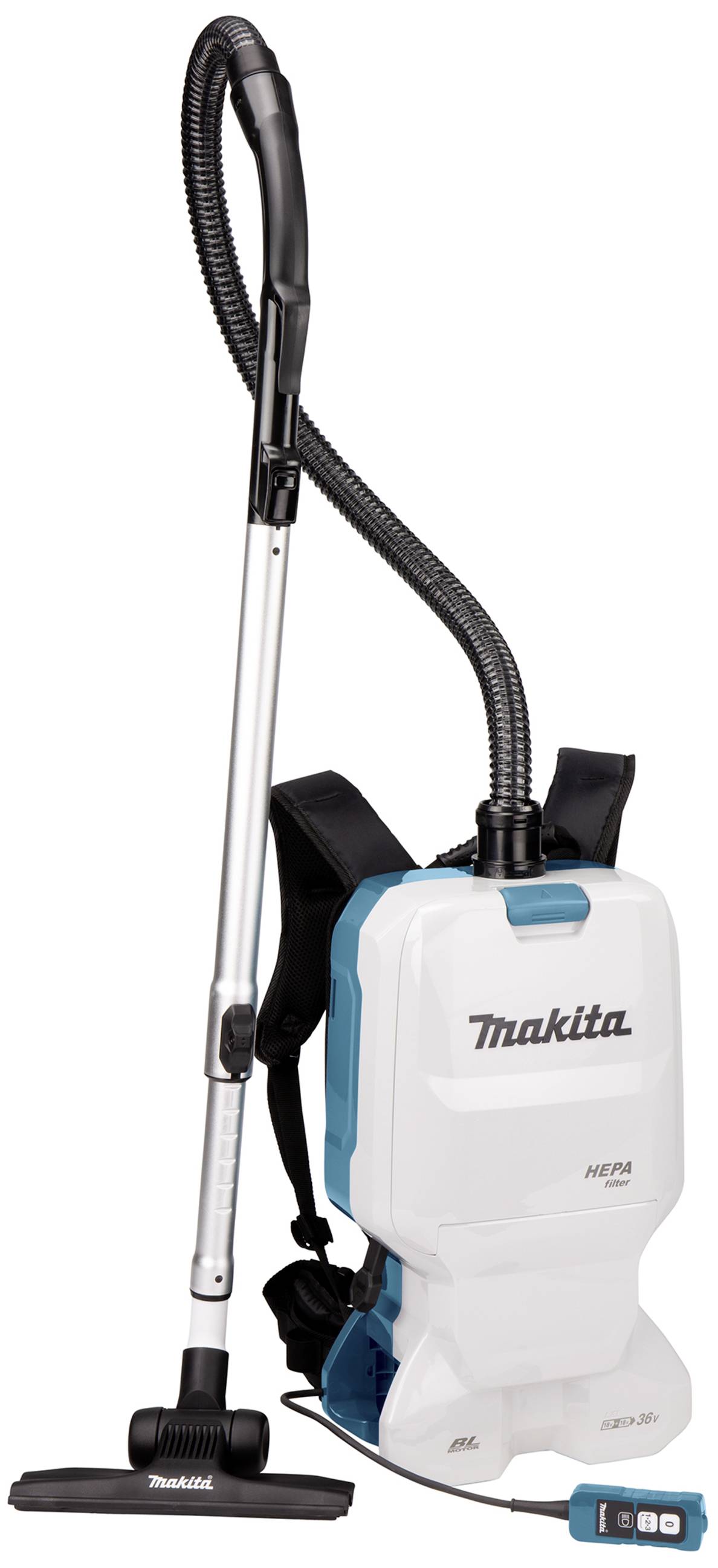 Makita Akku-Rucksackstaubsauger mit Teleskoprohr und Bodendüse, ideal für flexibles Staubsaugen in schwierigen Bereichen.