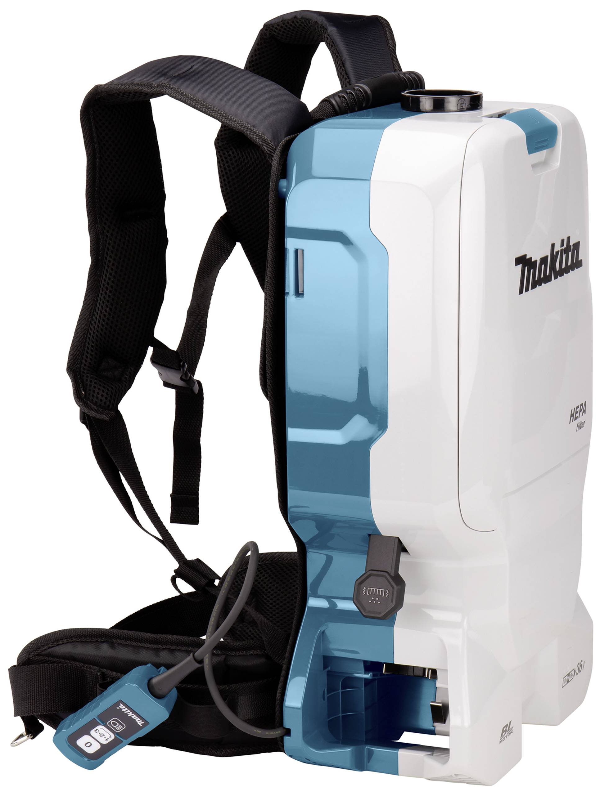 Rucksack-Staubsauger mit Bedienfeld und Gurt, geeignet für mobile Reinigung.