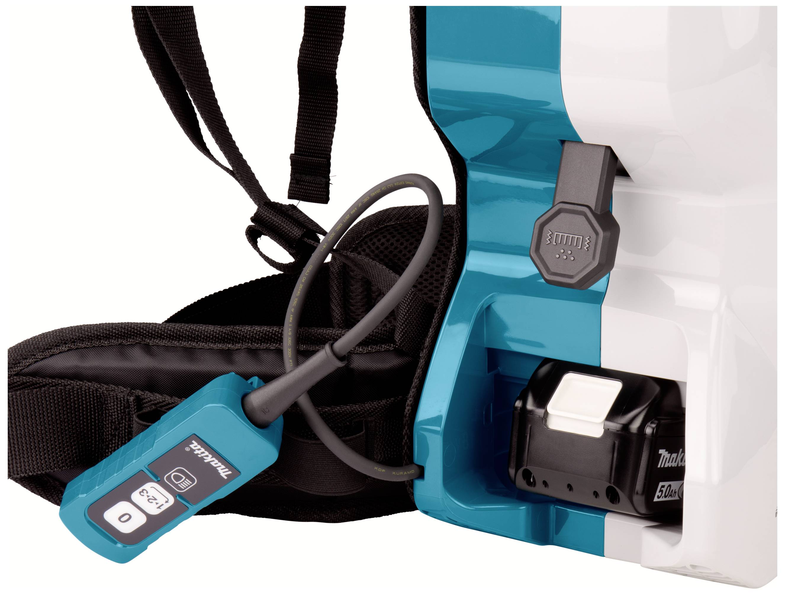 Ein tragbares, batteriebetriebenes Gerät in Blau und Weiß mit Gurt, geeignet für mobile Anwendungen.