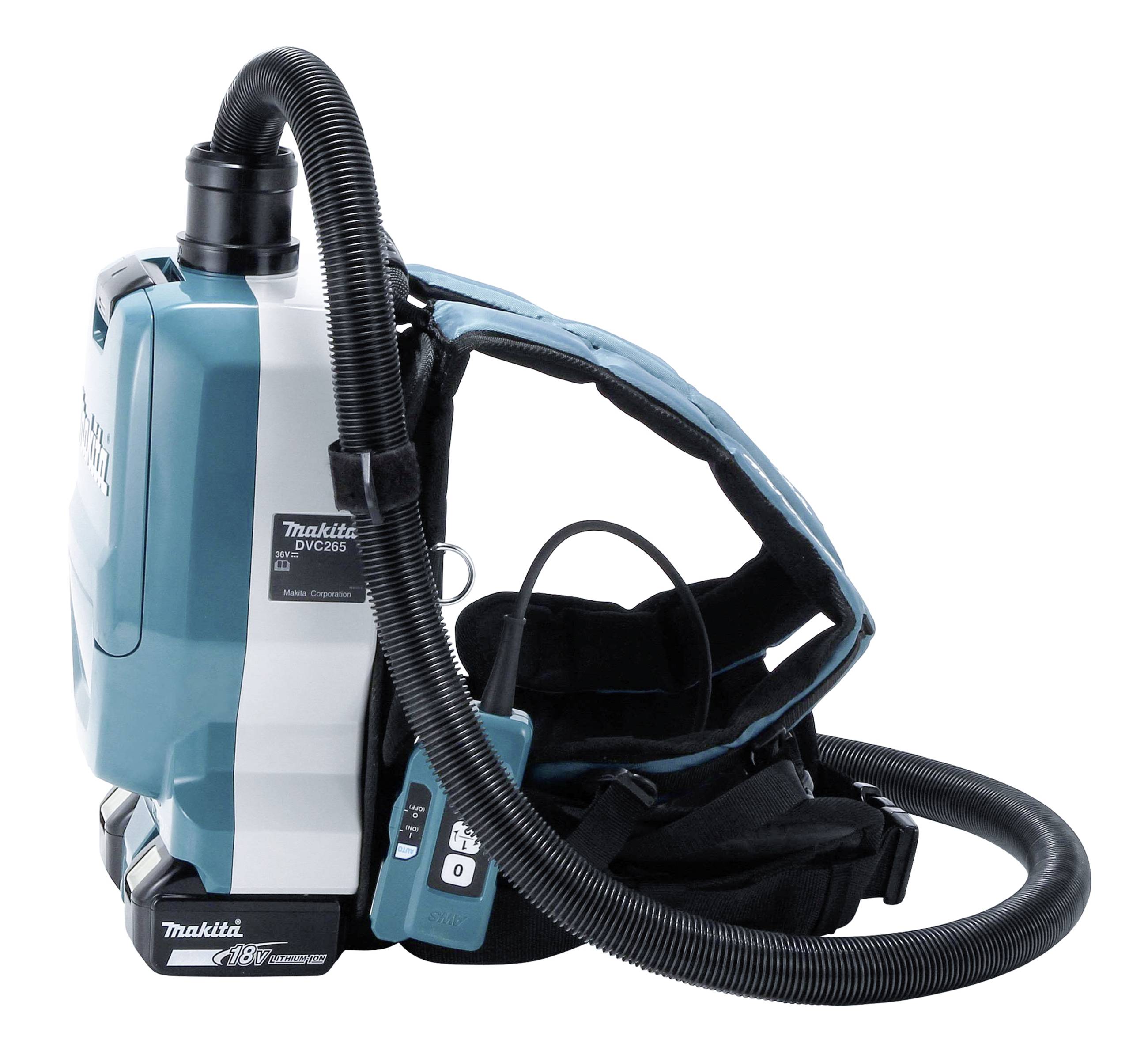 Tragbarer Rucksackstaubsauger mit biegsamem Schlauch und verstellbaren Gurten. Designed für flexible Reinigung in Arbeitsumgebungen.