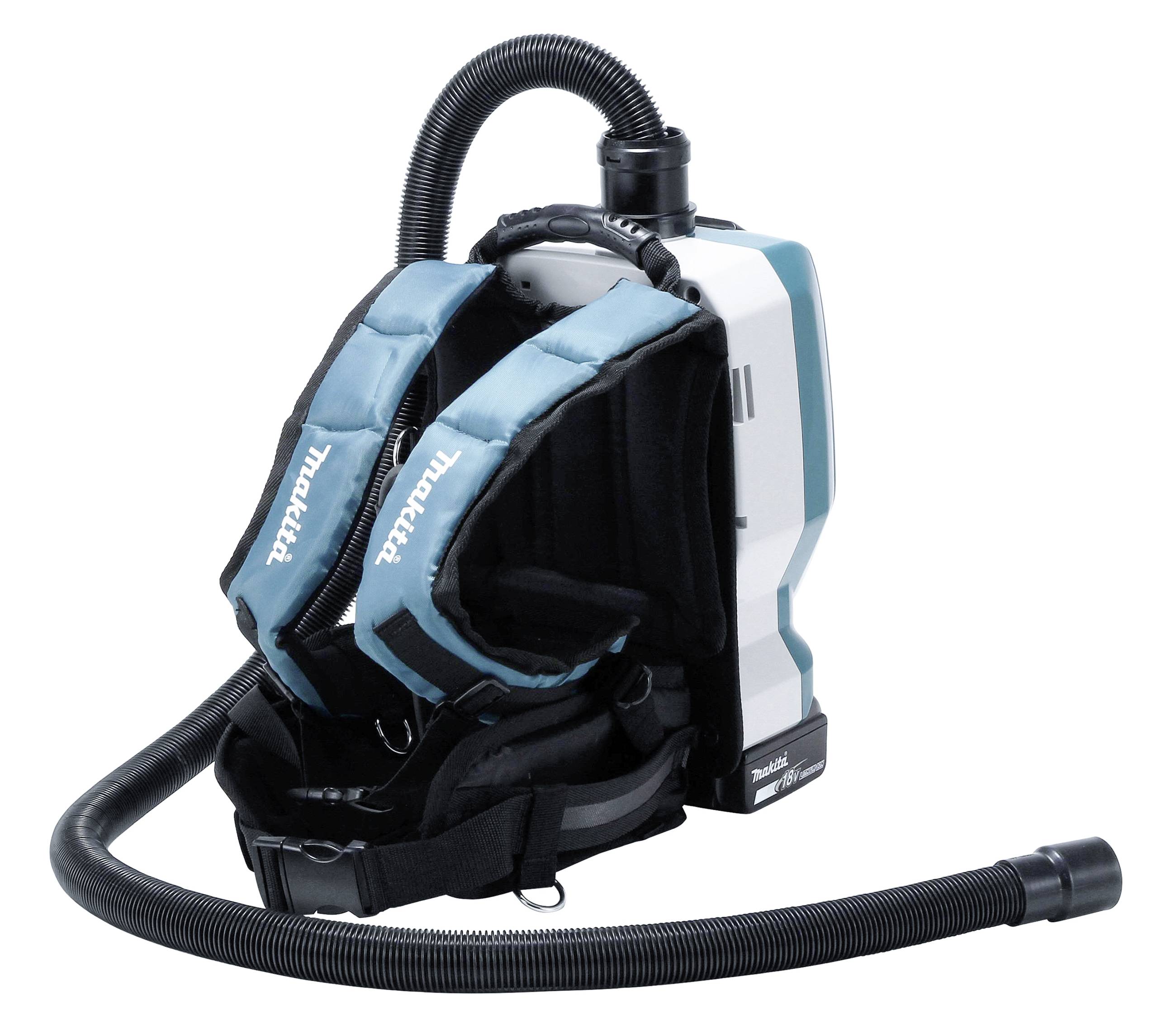 Ein tragbarer Staubsauger im Rucksack-Stil mit einem langen Schlauch und gepolsterten Trägern, geeignet für mobile Reinigungsarbeiten.
