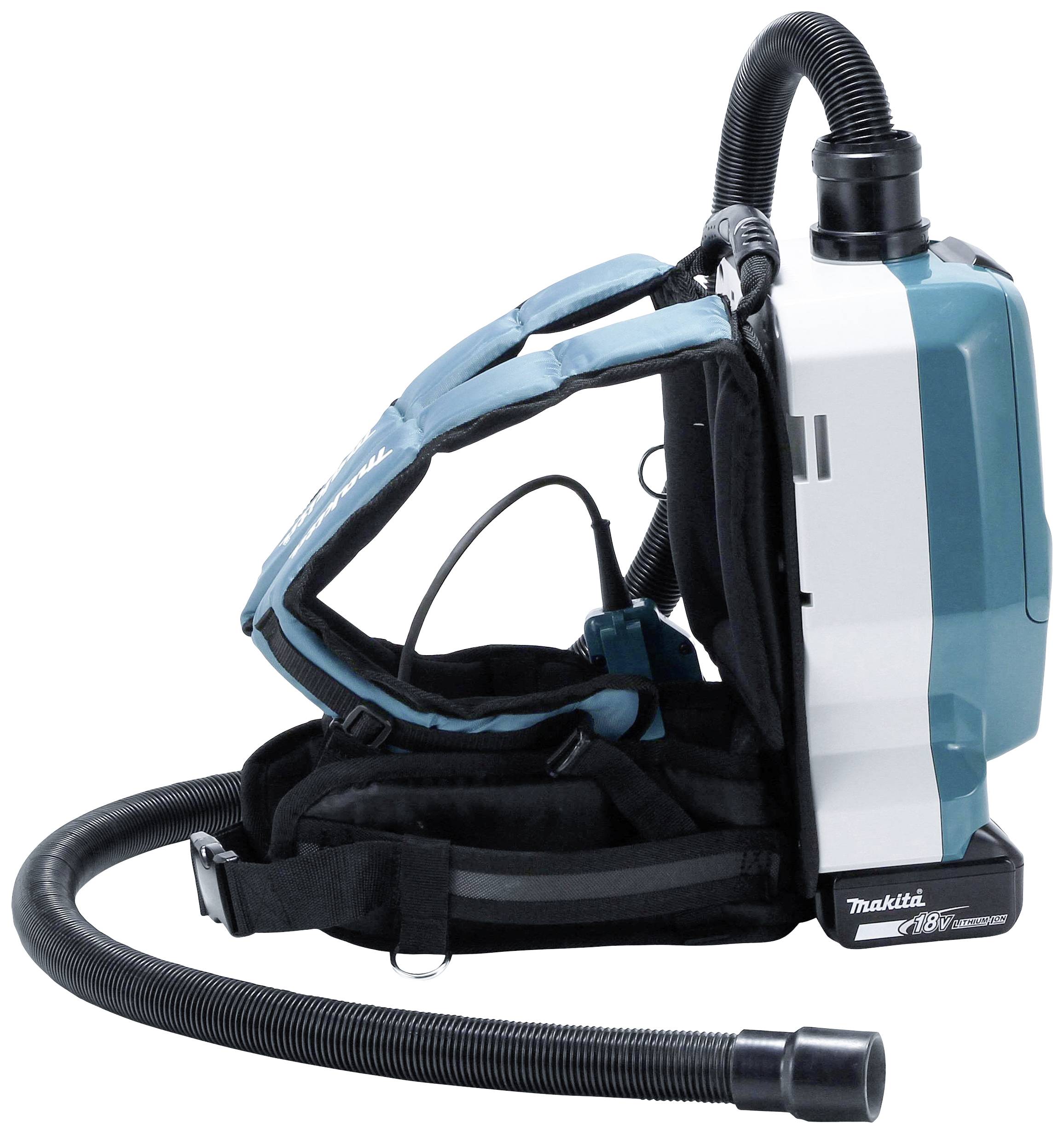 Ein tragbarer Rucksack-Staubsauger mit einem flexiblen Schlauch, ideal für mobile Reinigungsarbeiten.