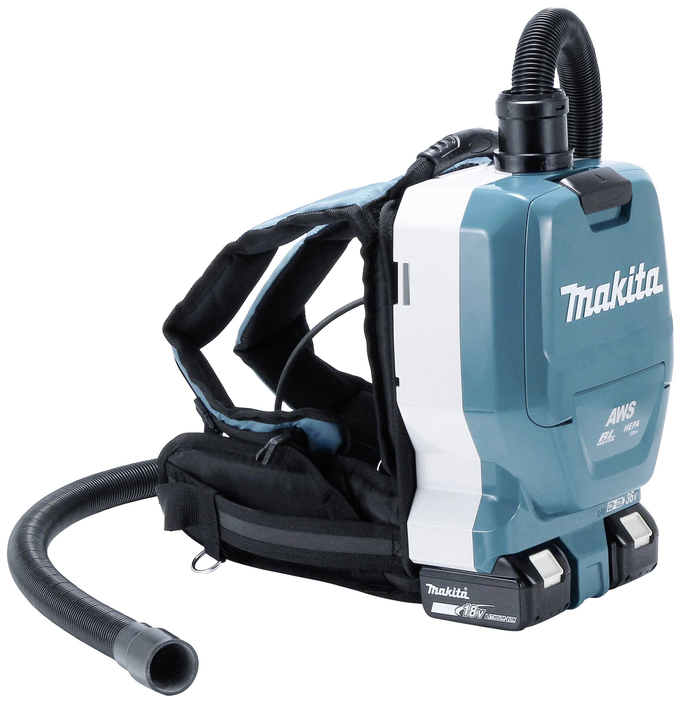 Rucksack-Staubsauger in Blau-Weiß von Makita. Er verfügt über einen Saugschlauch an der Oberseite und eine ergonomisch gestaltete Tragevorrichtung.