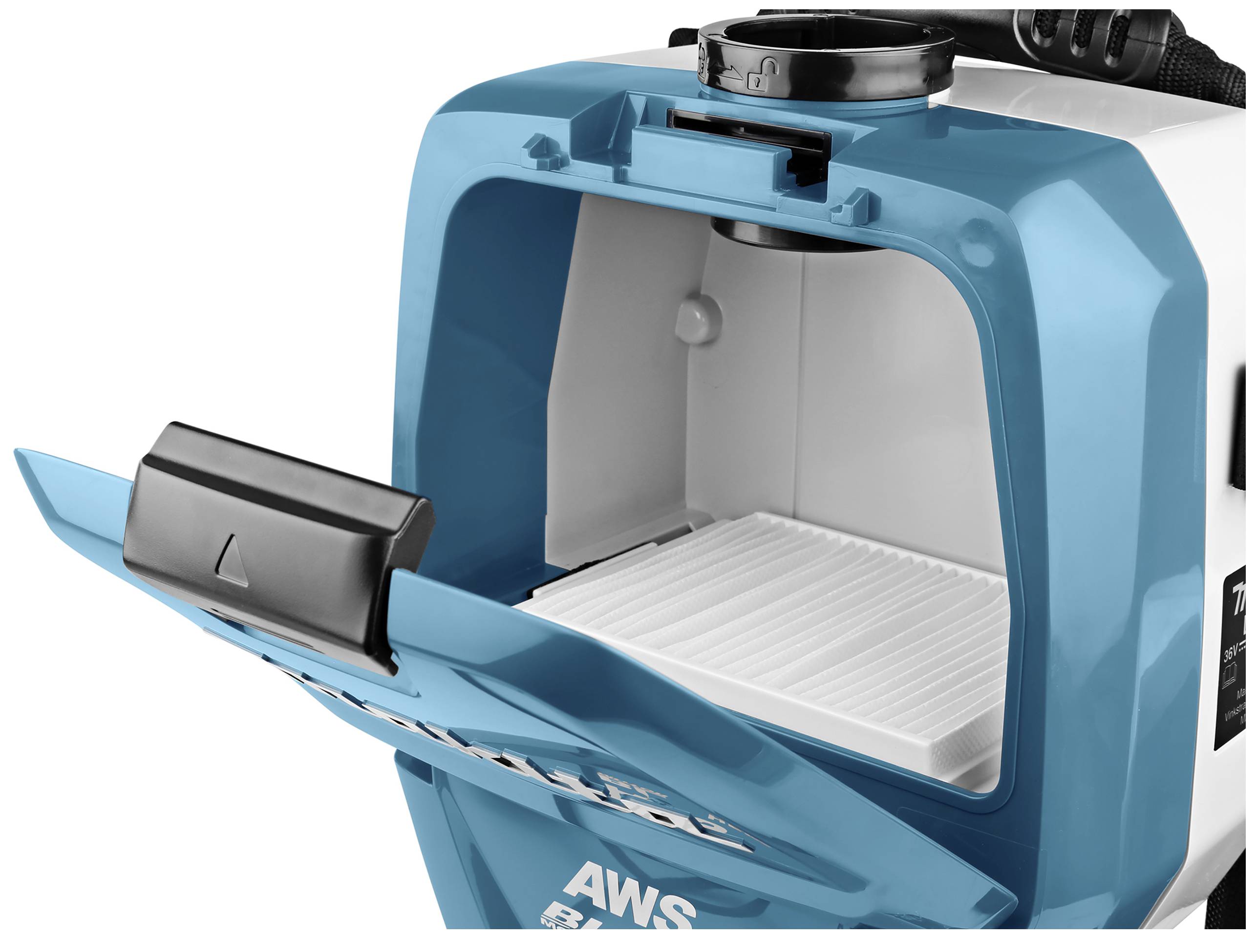 Ein blauer, offener AWS-Behälter mit weißem Innenraum, verwendet für industrielle oder handwerkliche Zwecke.