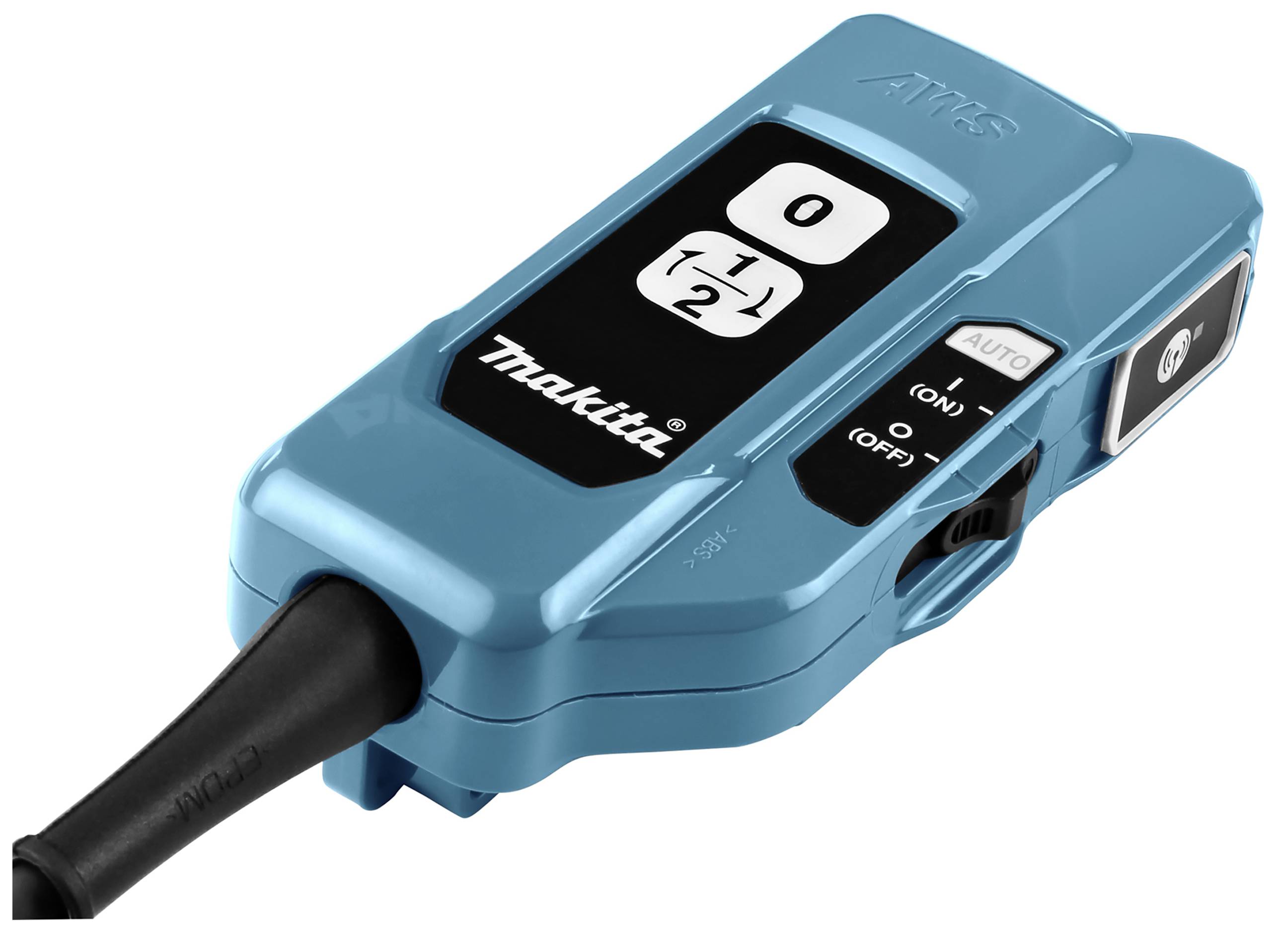 Ein blaues, rechteckiges elektronisches Gerät mit mehreren Knöpfen und einem Display, das die Zahlen 0, 1, 2 anzeigt.