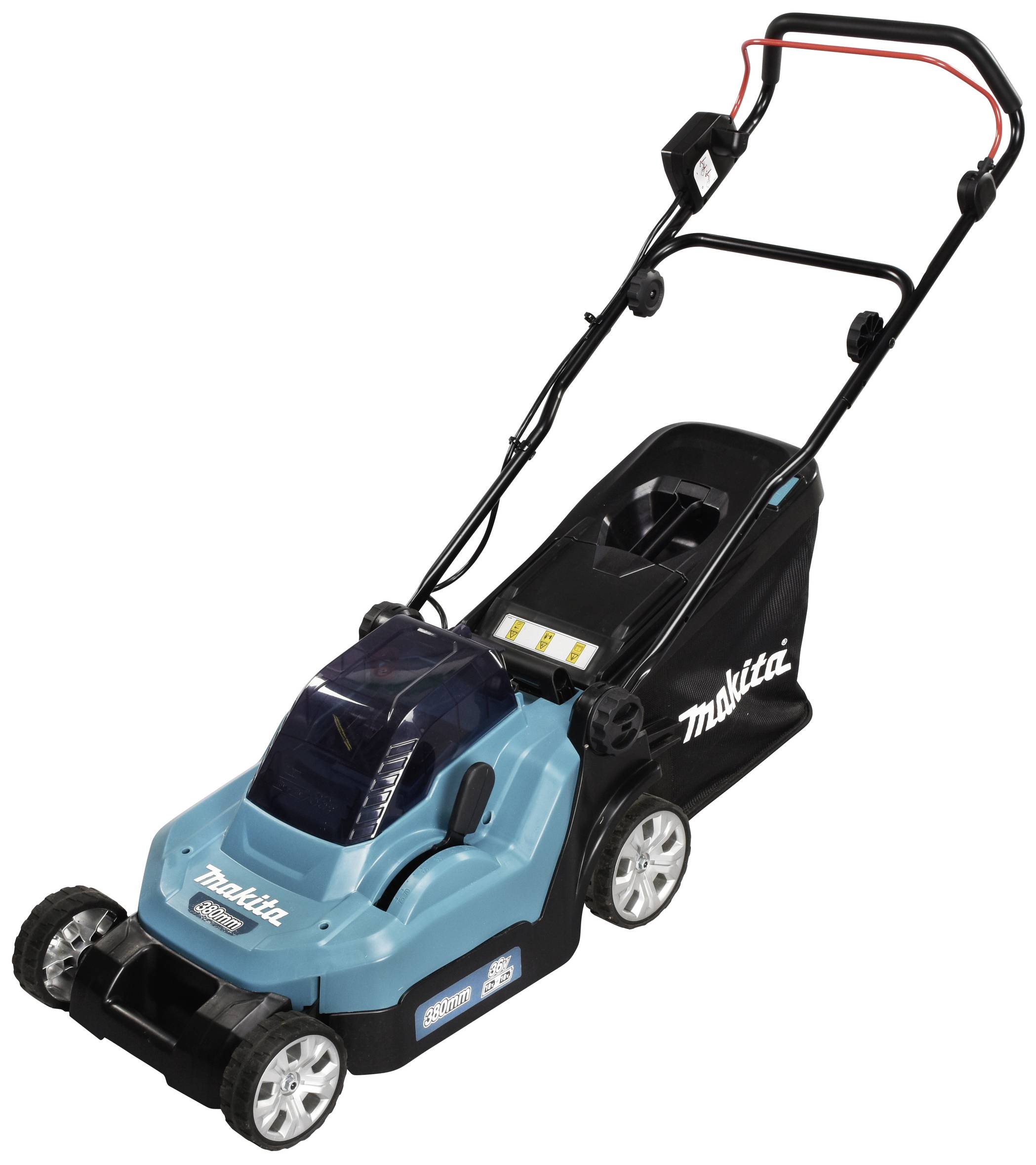 Ein blauer, batteriebetriebener Rasenmäher mit schwarzem Griff und Fangkorb, geeignet für mittelgroße Gärten.