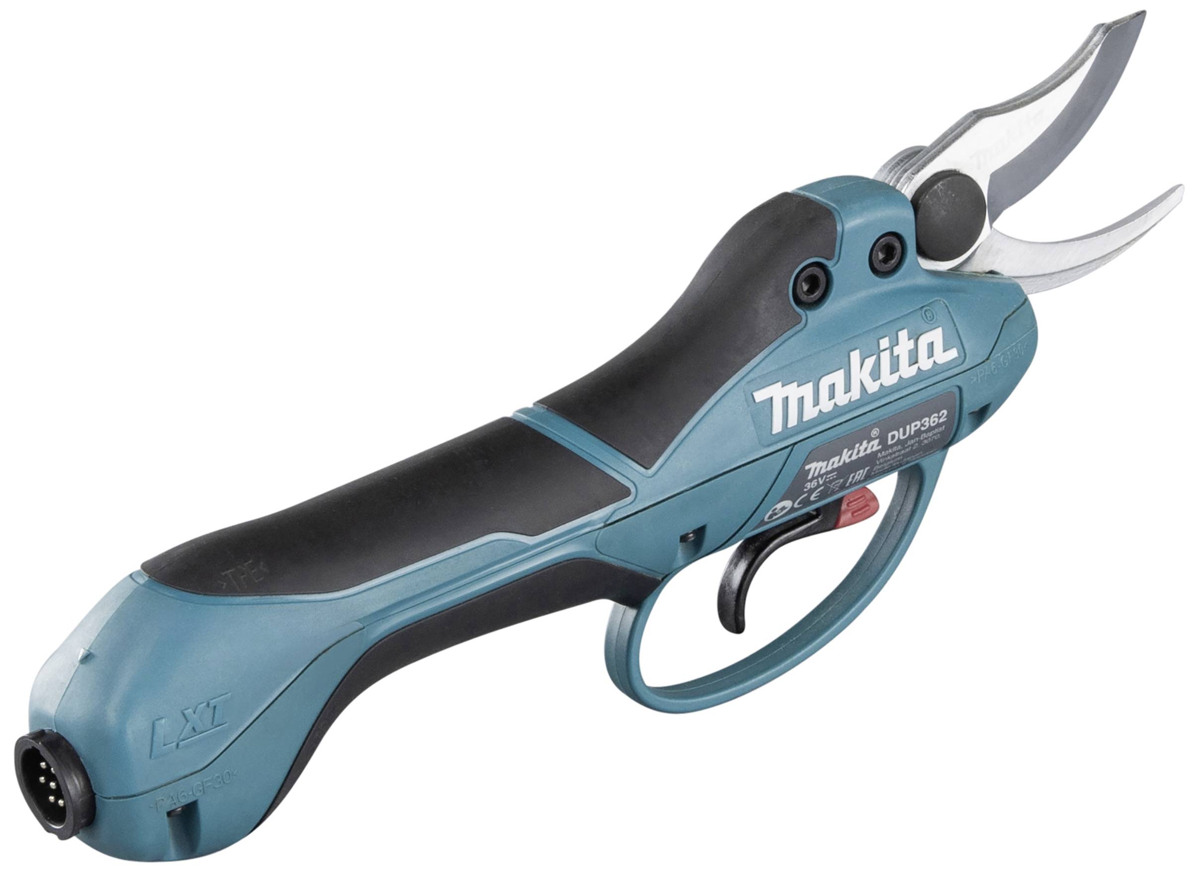 Akkubetriebene Gartenschere in Türkis, Marke Makita, ergonomisch geformt mit schwarzem Griff und Klingen aus Edelstahl. Geeignet für präzises Zuschneiden.