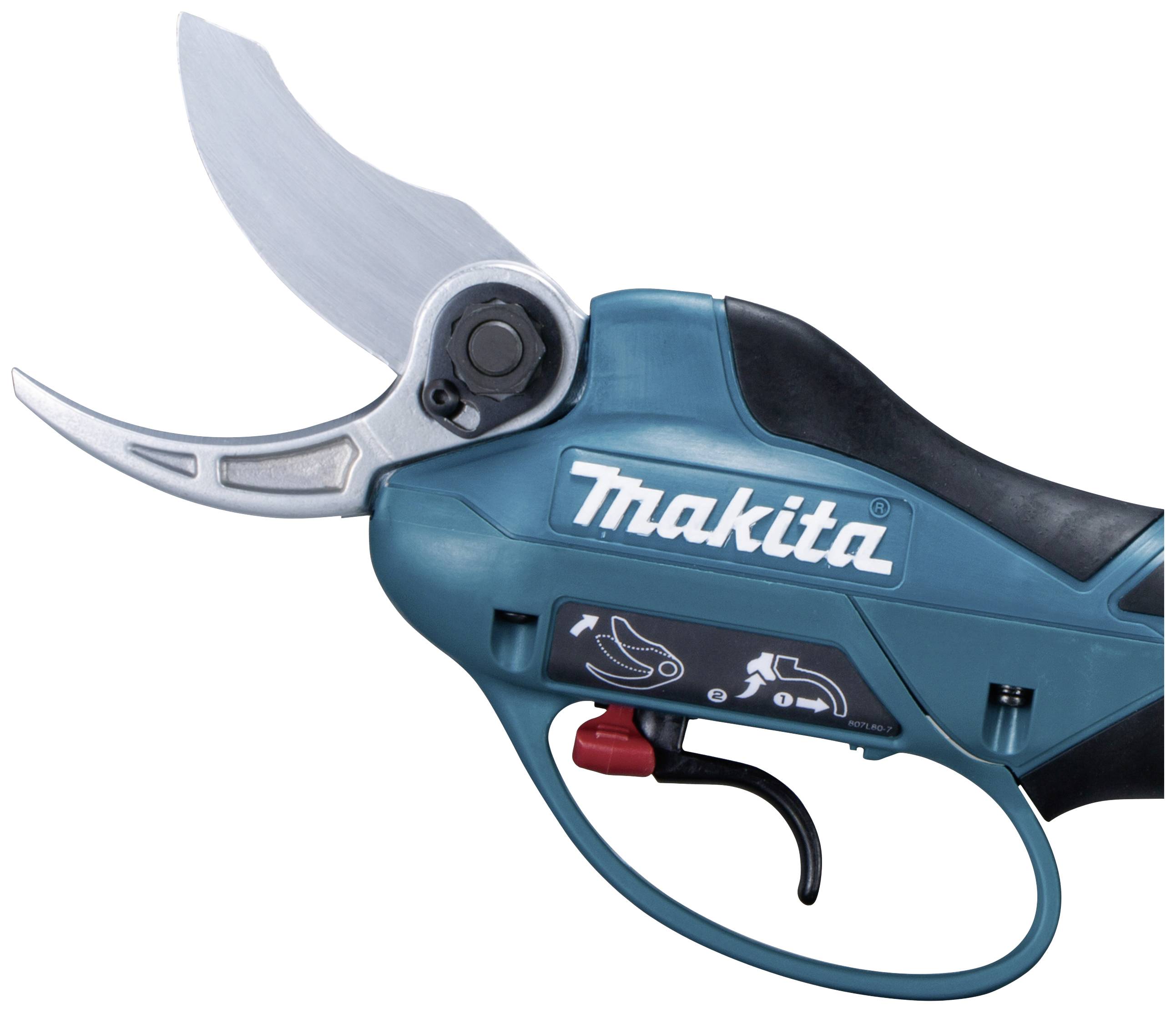 Elektrische Astschere mit blauer Griffverkleidung und silberner Klinge, mit dem Markennamen 'Makita' aufgedruckt.