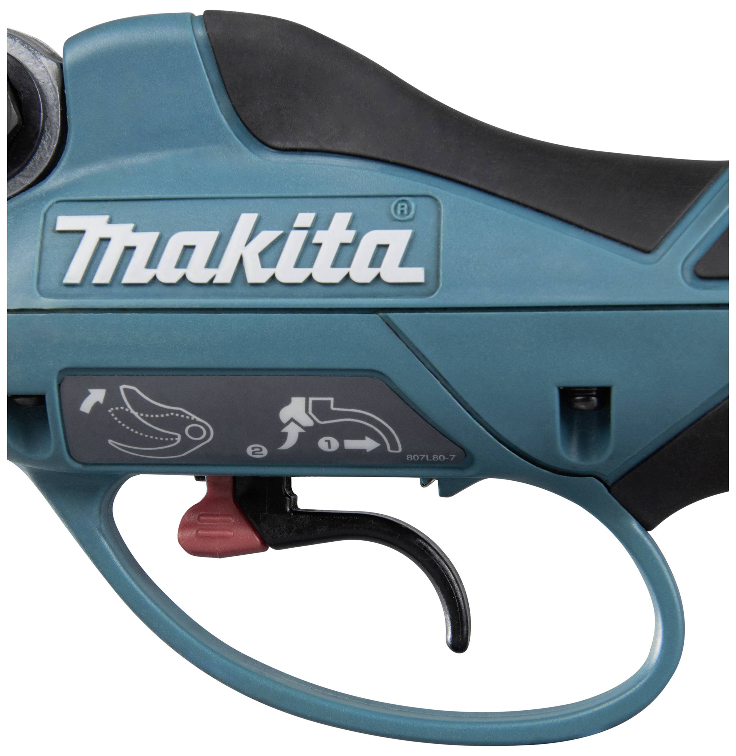 Elektrowerkzeug-Abzug mit Sicherheits- und Bedienungssymbolen; Makita-Logo sichtbar.