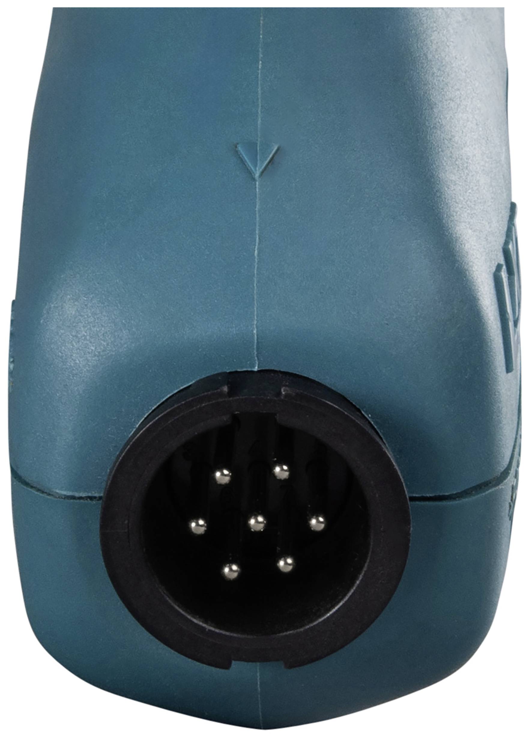 Ein blaues Kunststoffgehäuse mit elektrischen Kontaktstiften in einer kreisförmigen Anordnung.
