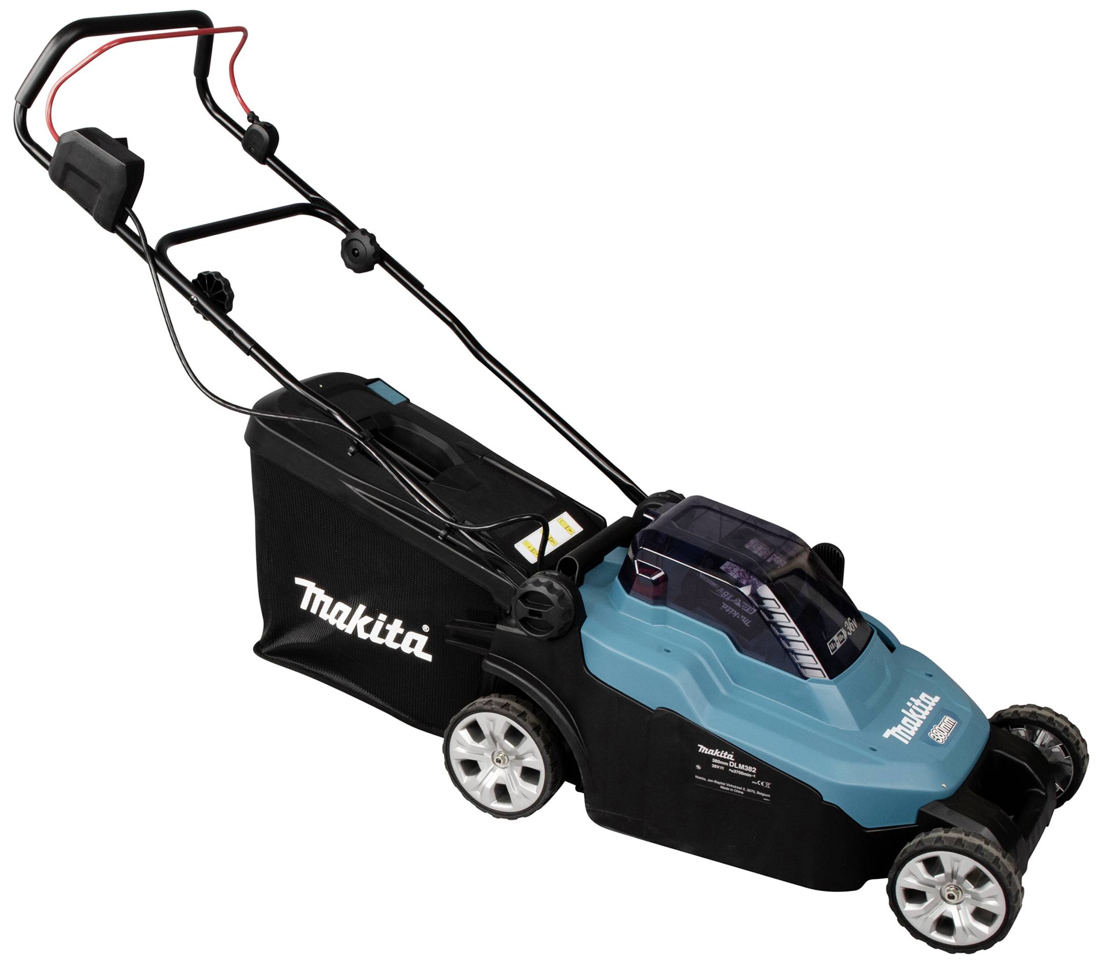 Elektrischer Rasenmäher von Makita mit blau-schwarzem Gehäuse, Fangkorb und einstellbarer Griffhöhe, geeignet für mittelgroße Gärten.