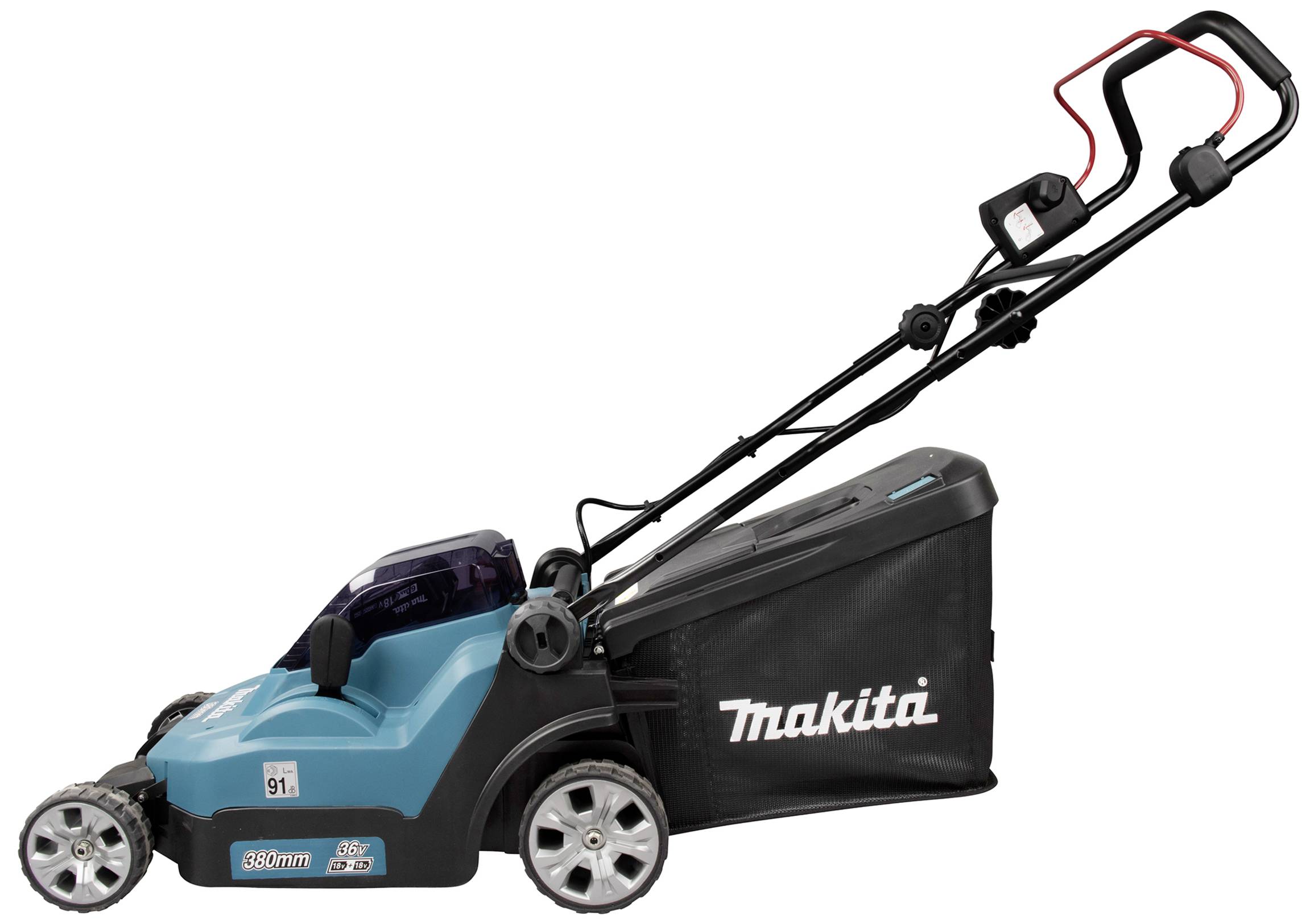 Blauer elektrischer Rasenmäher der Marke 'Makita' mit schwarzem Griff und Fangkorb, seitliche Ansicht. Geeignet für mittelgroße Gärten.