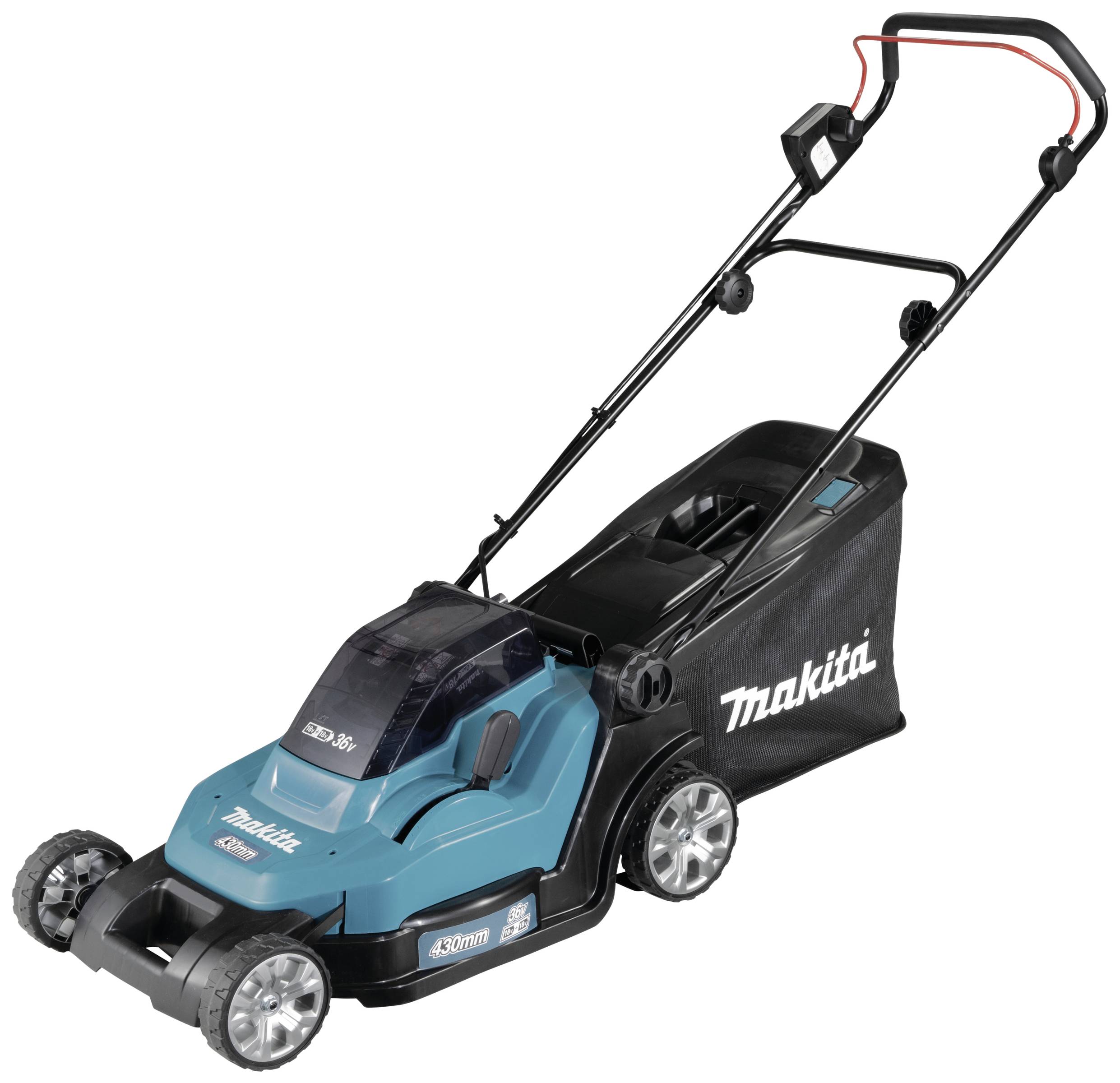 Rasenmäher mit elektrischem Antrieb, blauer Körper, schwarzer Fangkorb; Marke 'Makita'. Geeignet für kleine bis mittlere Gärten.