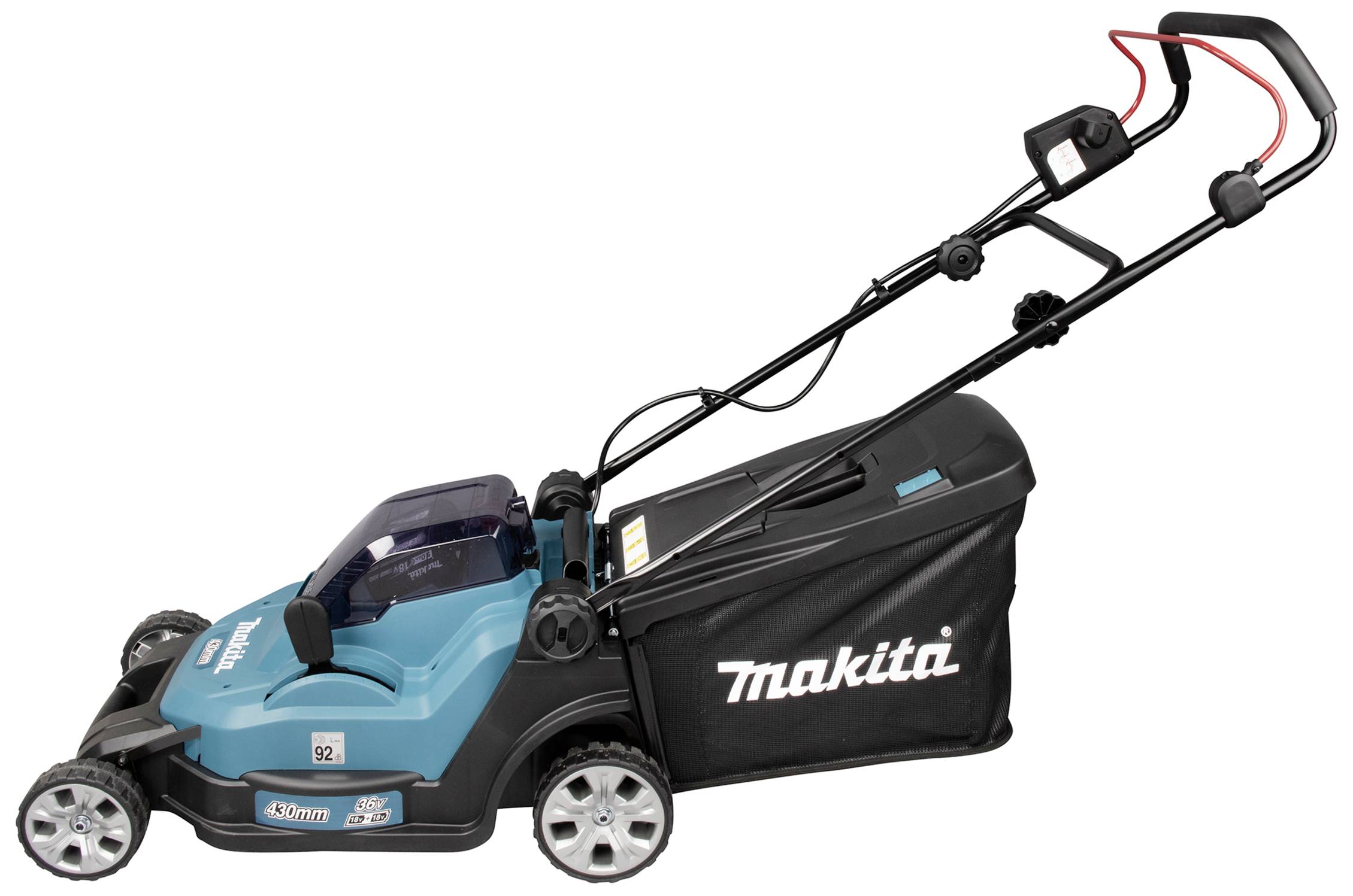 Ein blauer Rasenmäher mit schwarzem Auffangkorb und verstellbarem Griff. Aufschrift 'Makita'. Geeignet für Gartenarbeiten.