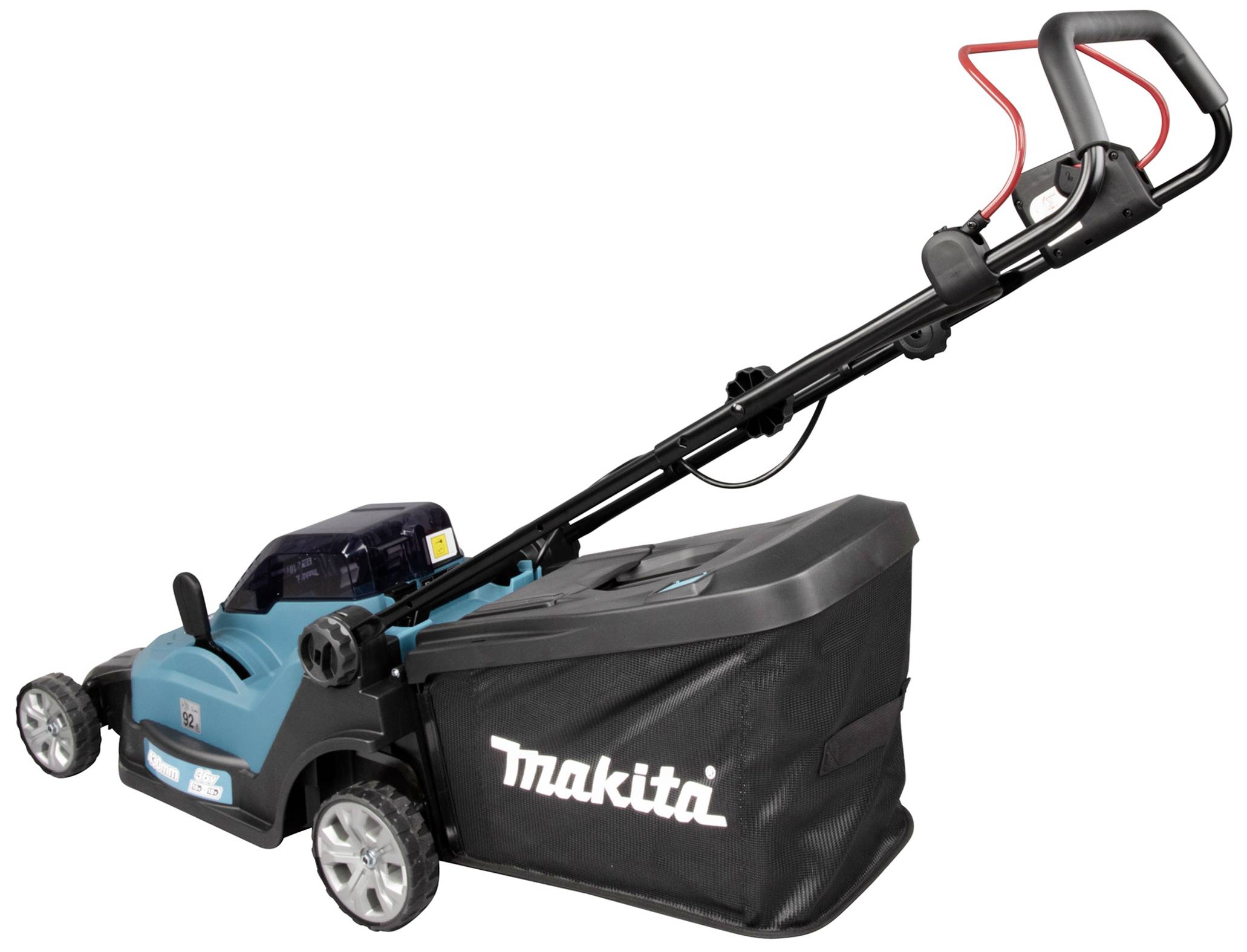 Makita Rasenmäher mit elektrischem Antrieb, blauer Gehäusefarbe und Fangkorb. Geeignet für präzises Rasenmähen in kleinen Gärten.