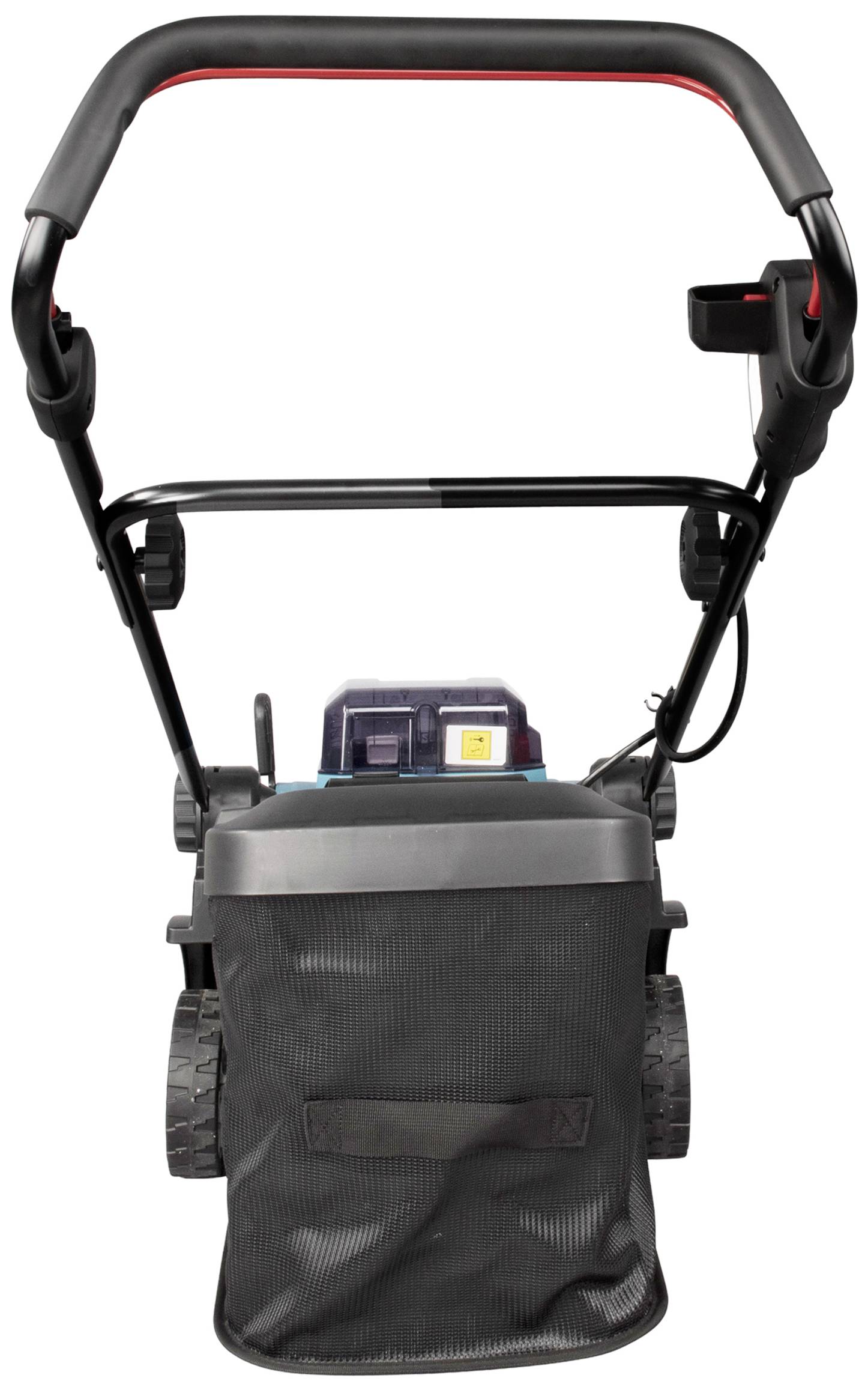 Rückansicht eines Rasenmähers mit Akkupack und Fangkorb. Der Griff ist gepolstert und ergonomisch gestaltet.