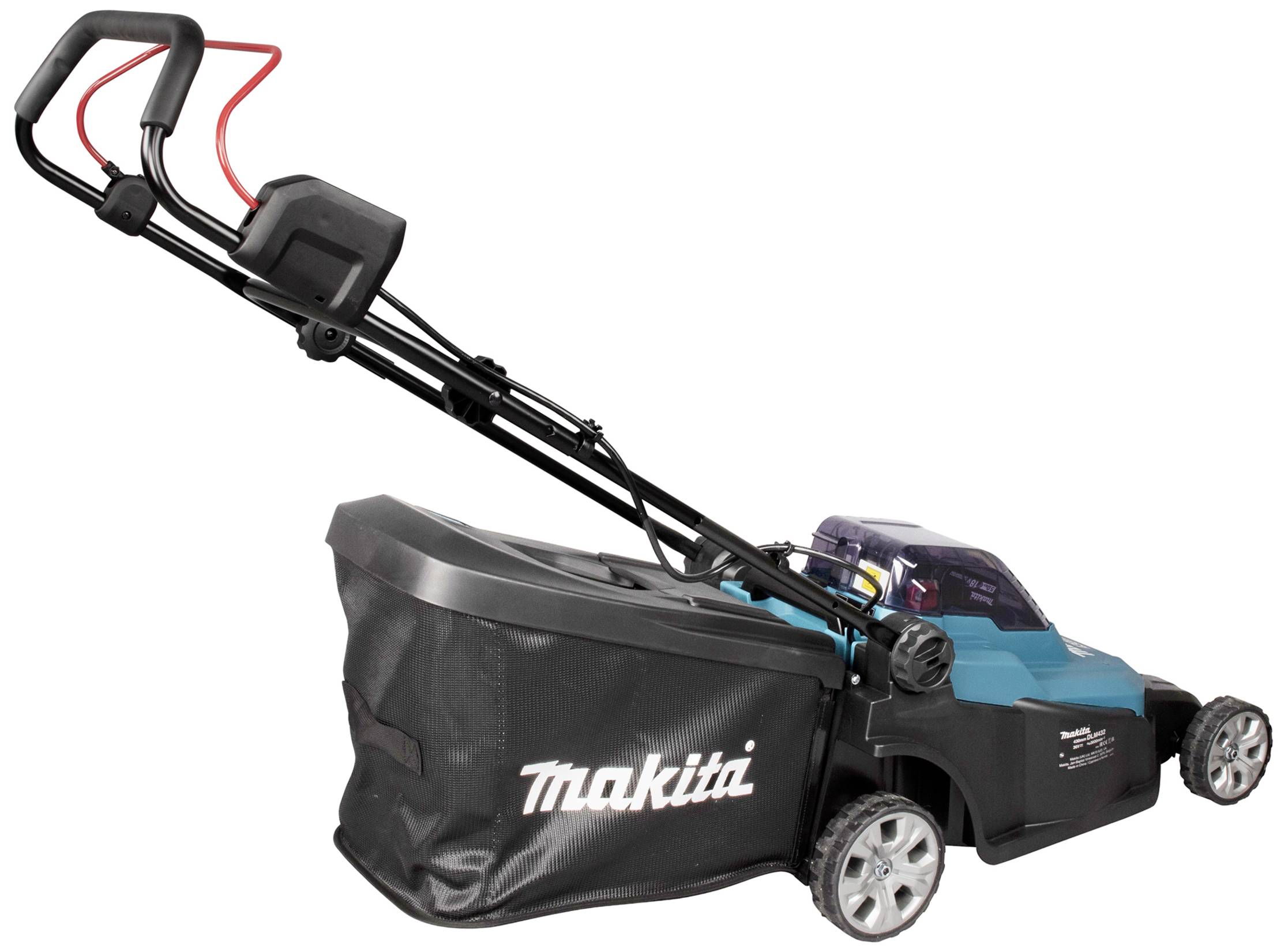 Ein elektrischer Rasenmäher mit Fangkorb und Griff, auf weißem Hintergrund. Marke 'Makita' auf dem Fangkorb sichtbar.