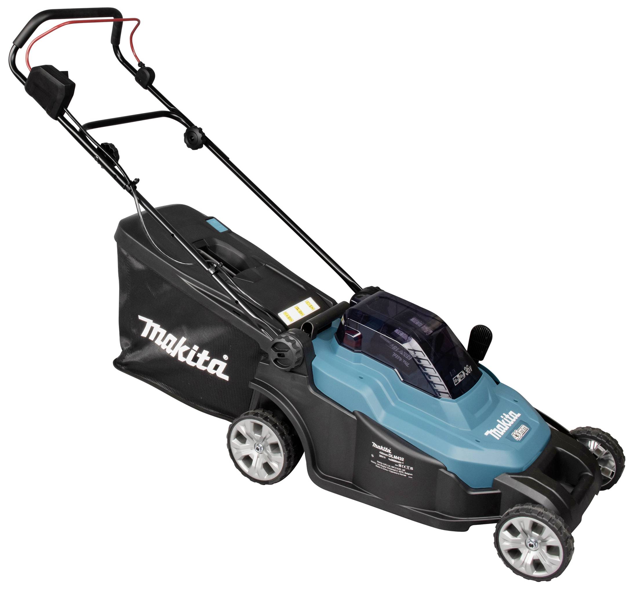 Elektrischer Rasenmäher in Blau und Schwarz mit Grasfangkorb. Markierte Knöpfe und Hebel am Griff. Markenname 'Makita' sichtbar.