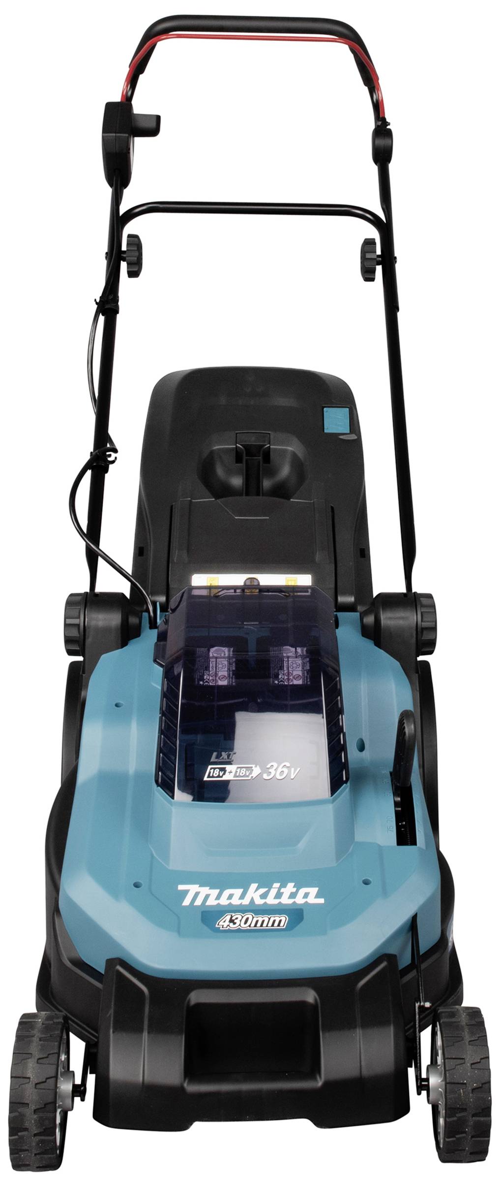 Elektrischer Rasenmäher in Blau und Schwarz mit einem Griff, transparentem Ladefach und großen Reifen, frontal ausgerichtet.