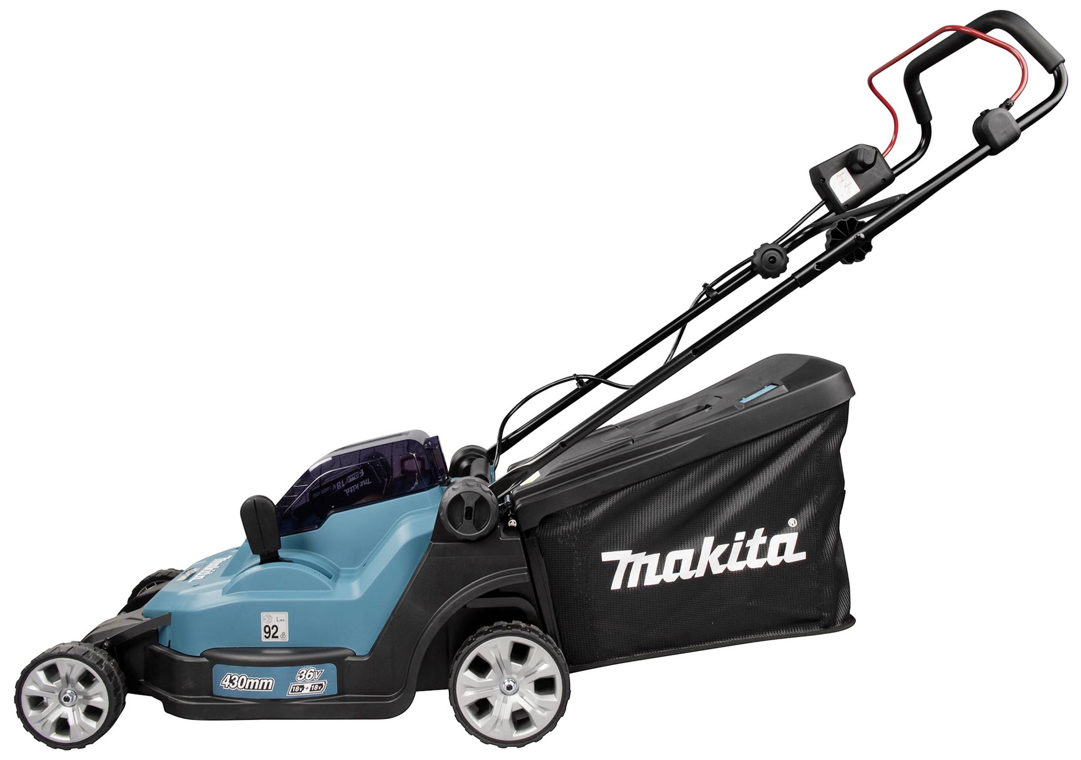 Blauer elektrischer Rasenmäher der Marke Makita mit schwarz-rotem Griff und Grasfangkorb, seitlich auf weißem Hintergrund dargestellt.