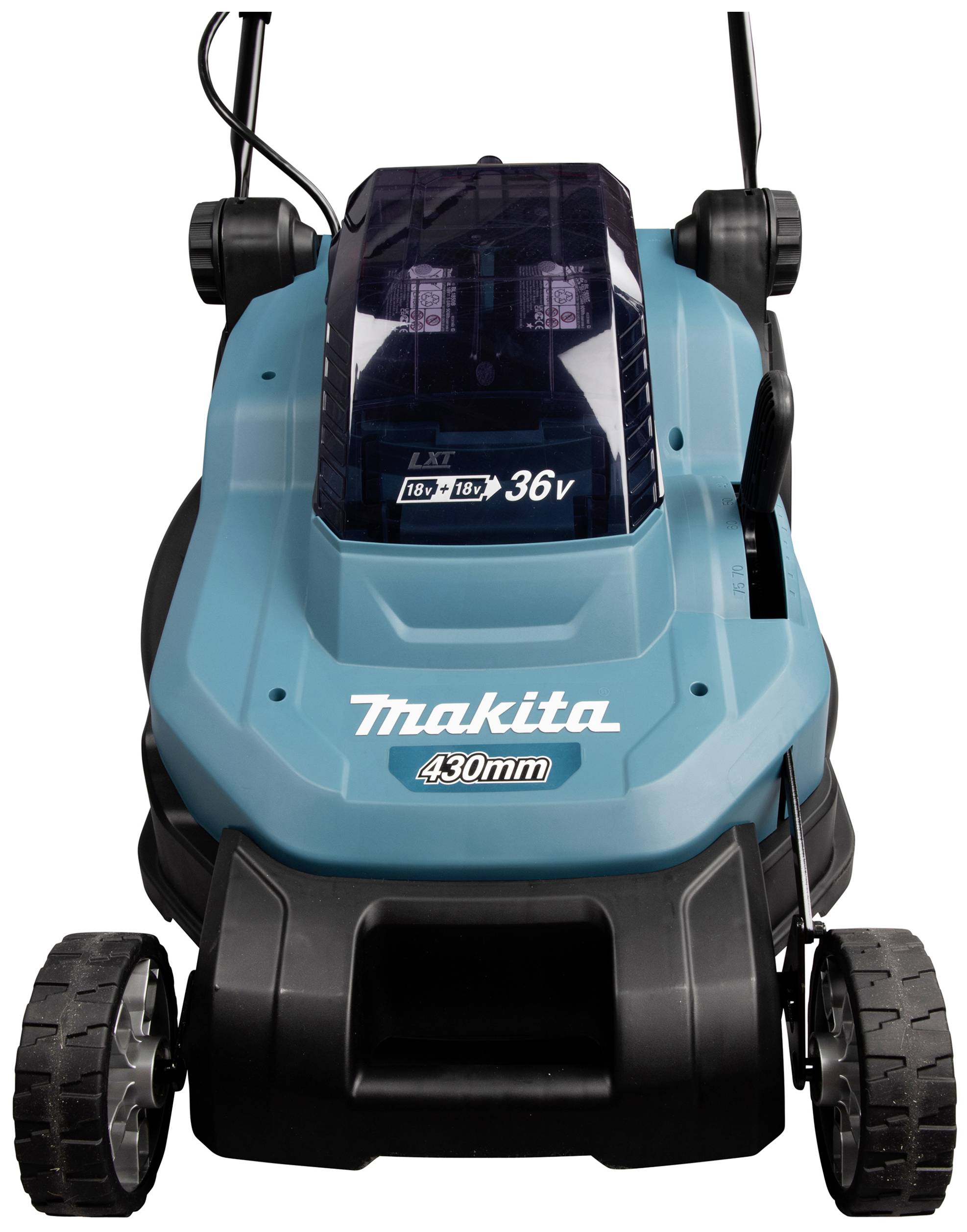 Ein blauer, akkubetriebener Rasenmäher mit der Aufschrift 'Trakita 430mm', geeignet für Rasenflächenpflege.