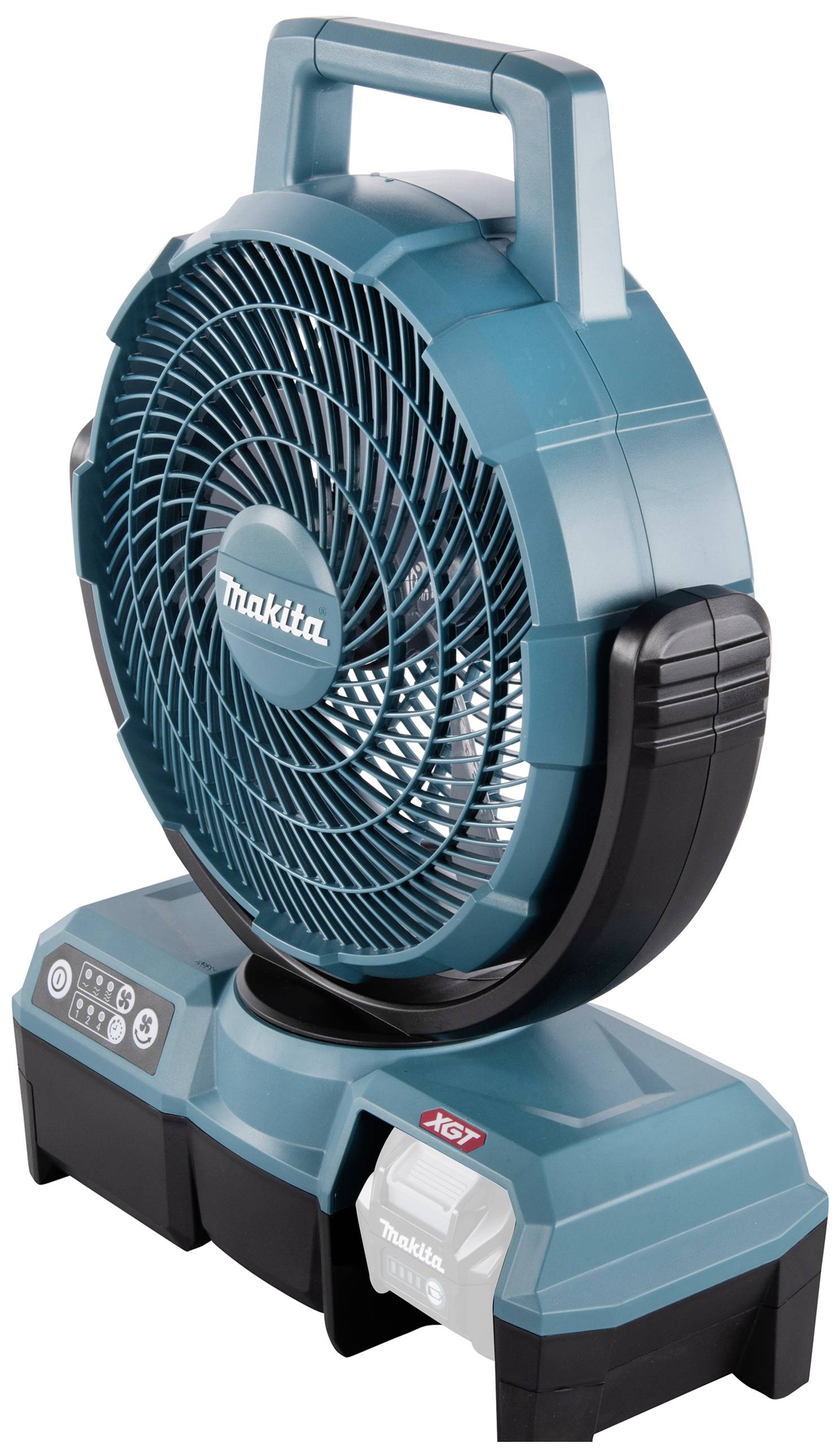Ein tragbarer Akkuluftventilator auf einem Standfuß in Blau mit schwarzem Akzent. Markenlogo auf der Vorderseite erkennbar.