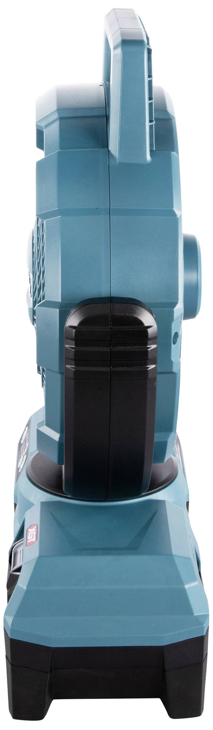 Akku-betriebener Ventilator in Seitenansicht, türkisfarben mit schwarzem Griff. Kompakt und tragbar, für den mobilen Einsatz.