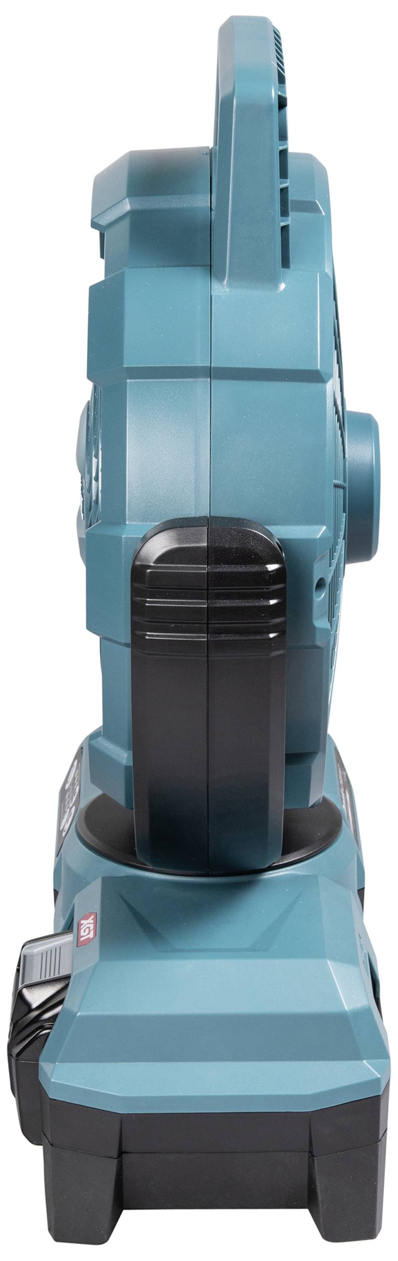 Akku-betriebener Ventilator in Seitenansicht, blau-schwarze Farbe, kompakte Bauweise.