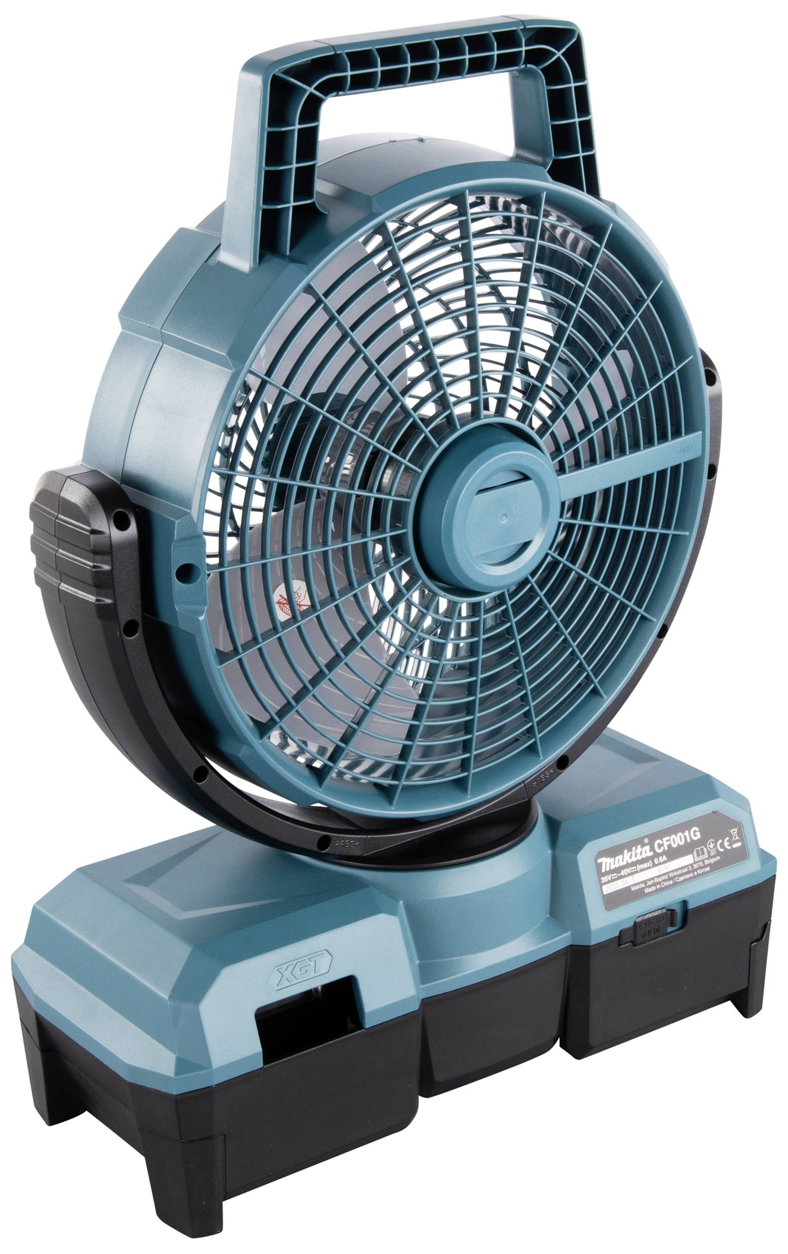 Blauer Standventilator mit schwenkbarem Kopf. Geeignet für 18V-Akkus. Kompaktes Design für vielseitige Einsatzmöglichkeiten.