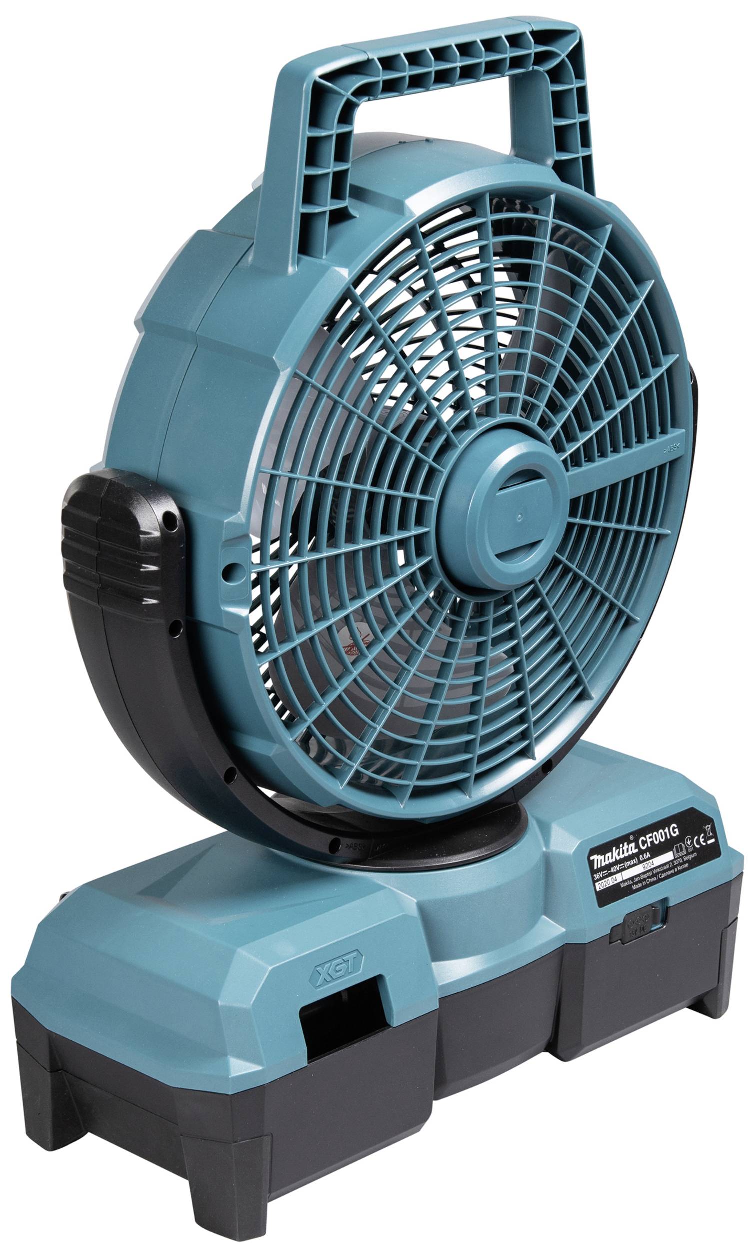 Ein tragbarer, blauer Ventilator mit Griff, geeignet für den Einsatz in Werkstätten oder Bauarbeitsplätzen.
