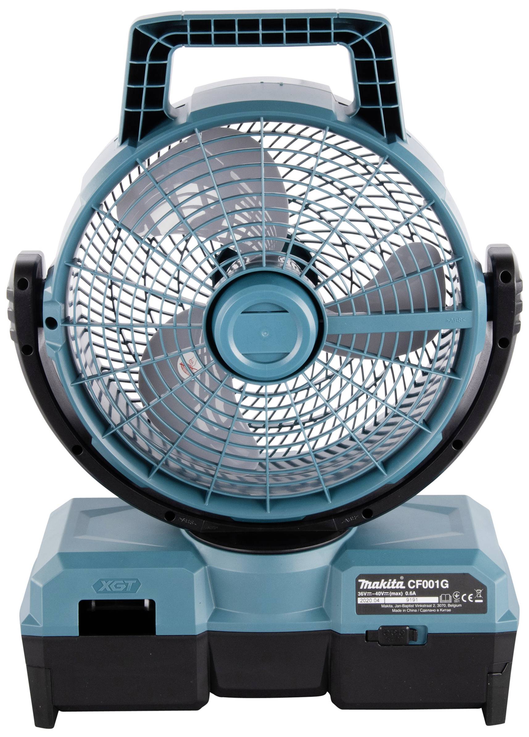 Ein blauer, tragbarer Ventilator mit rundem Gitter, Griff oben und stabilem Sockel, geeignet für Baustellen oder Werkstätten.