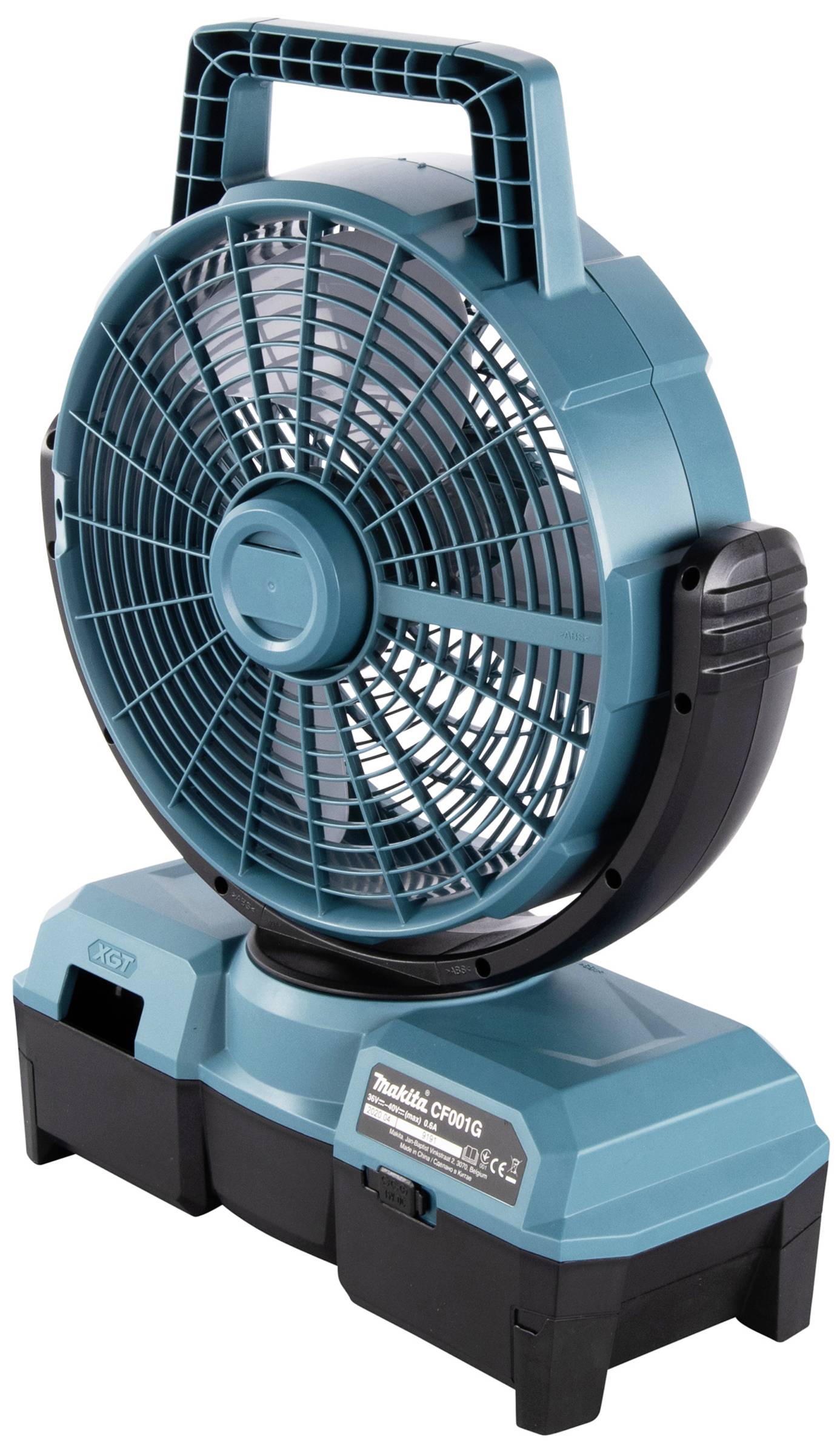 Ein tragbarer, türkisfarbener Ventilator mit Griff, auf einem rechteckigen Sockel montiert. Ideal für mobile Belüftungseinsätze.