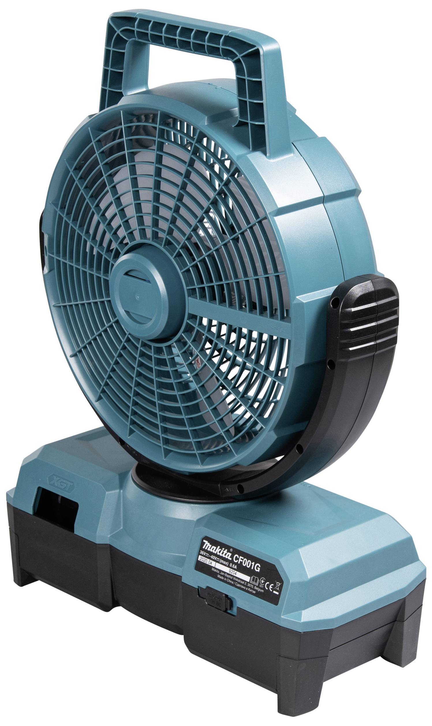 Ein tragbarer, blau-schwarzer Ventilator mit Griff, auf einem abnehmbaren Akkufach montiert.