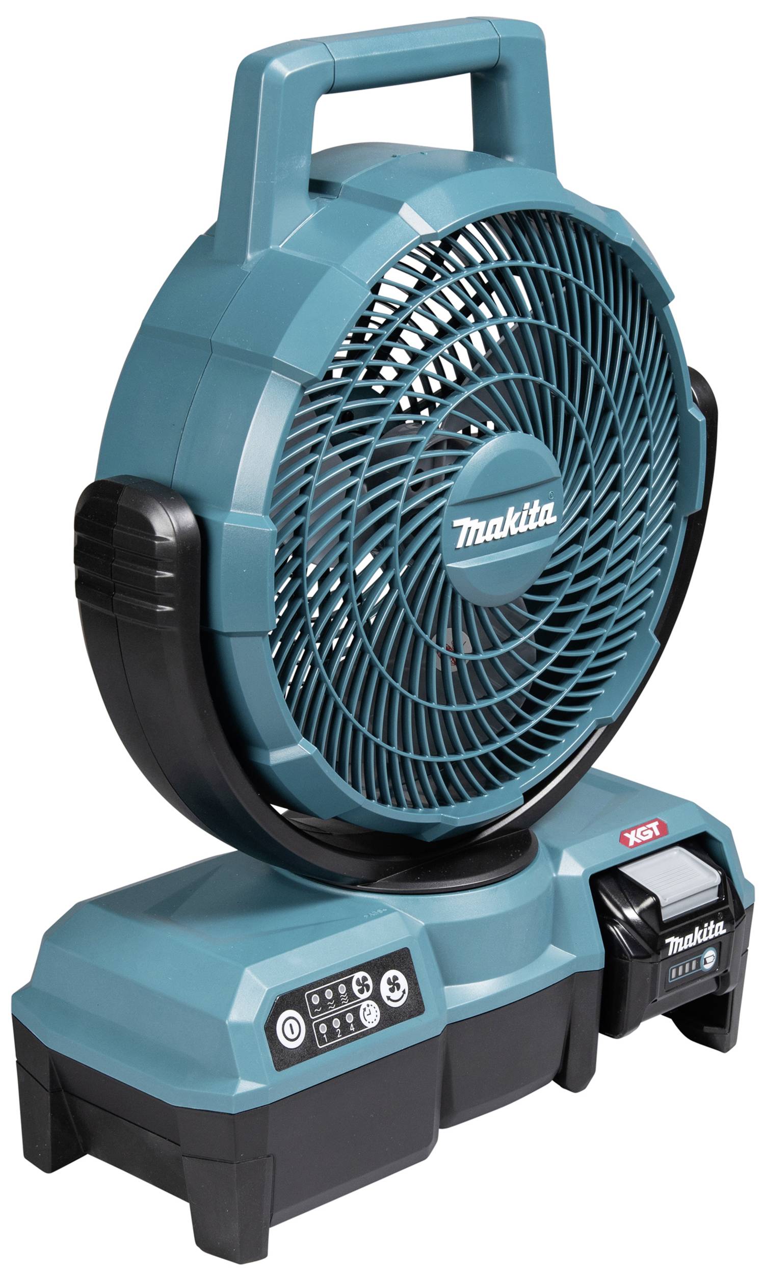 Blauer tragbarer Ventilator mit Griff. Markenname 'Makita' auf der Vorderseite. Ventilator verfügt über Bedienknöpfe an der Basis.