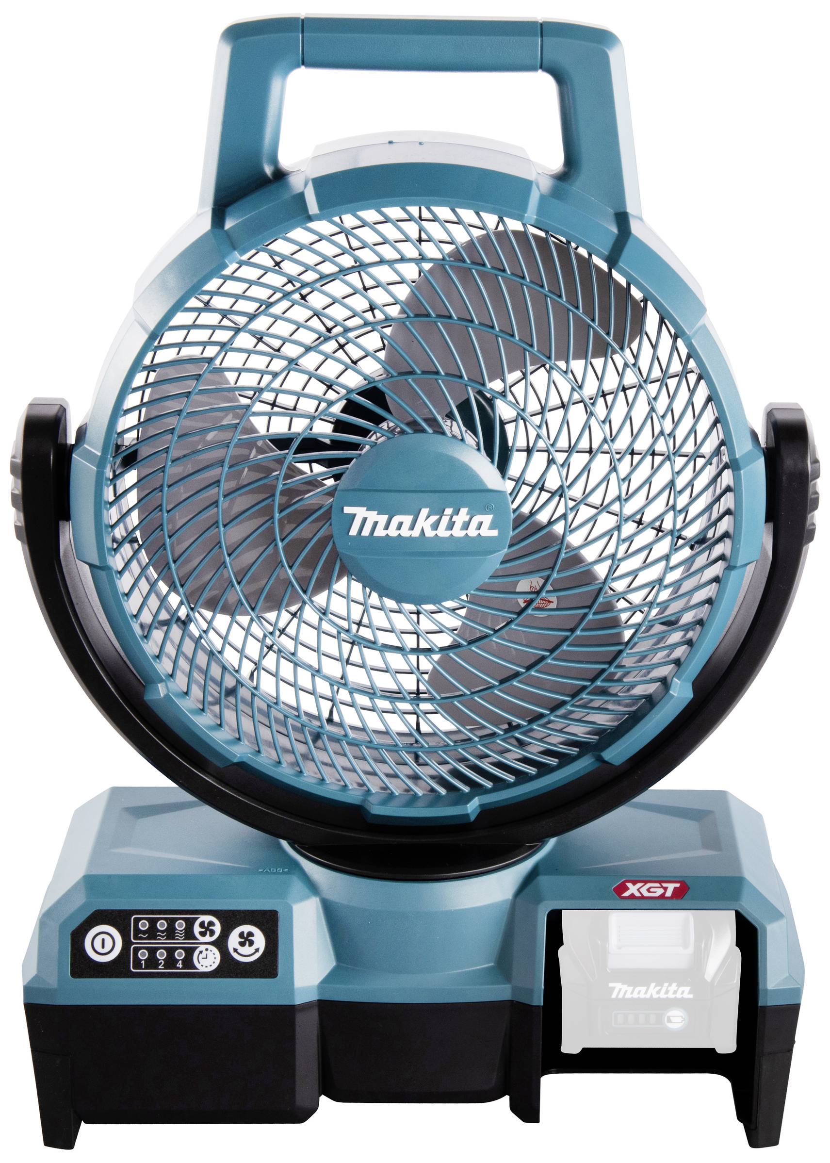 Ein türkisfarbener, tragbarer Ventilator von Makita mit vier Ventilatorflügeln, einem Griff oben und Bedienelementen an der Basis.