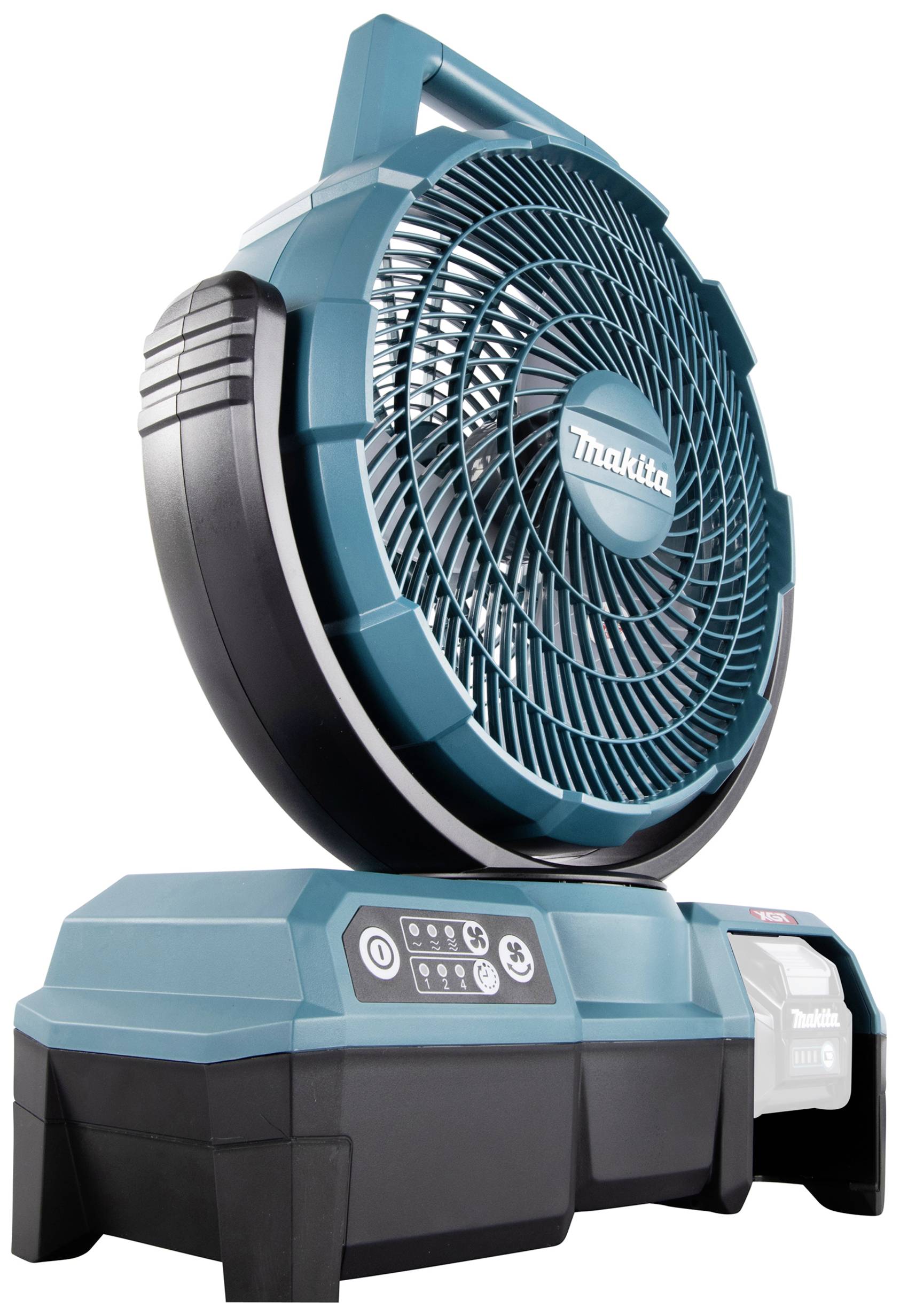 Ein blauer Standventilator mit schwarzem Gitter und Bedienfeld. Das Logo 'Makita' ist in der Mitte des Ventilators sichtbar.