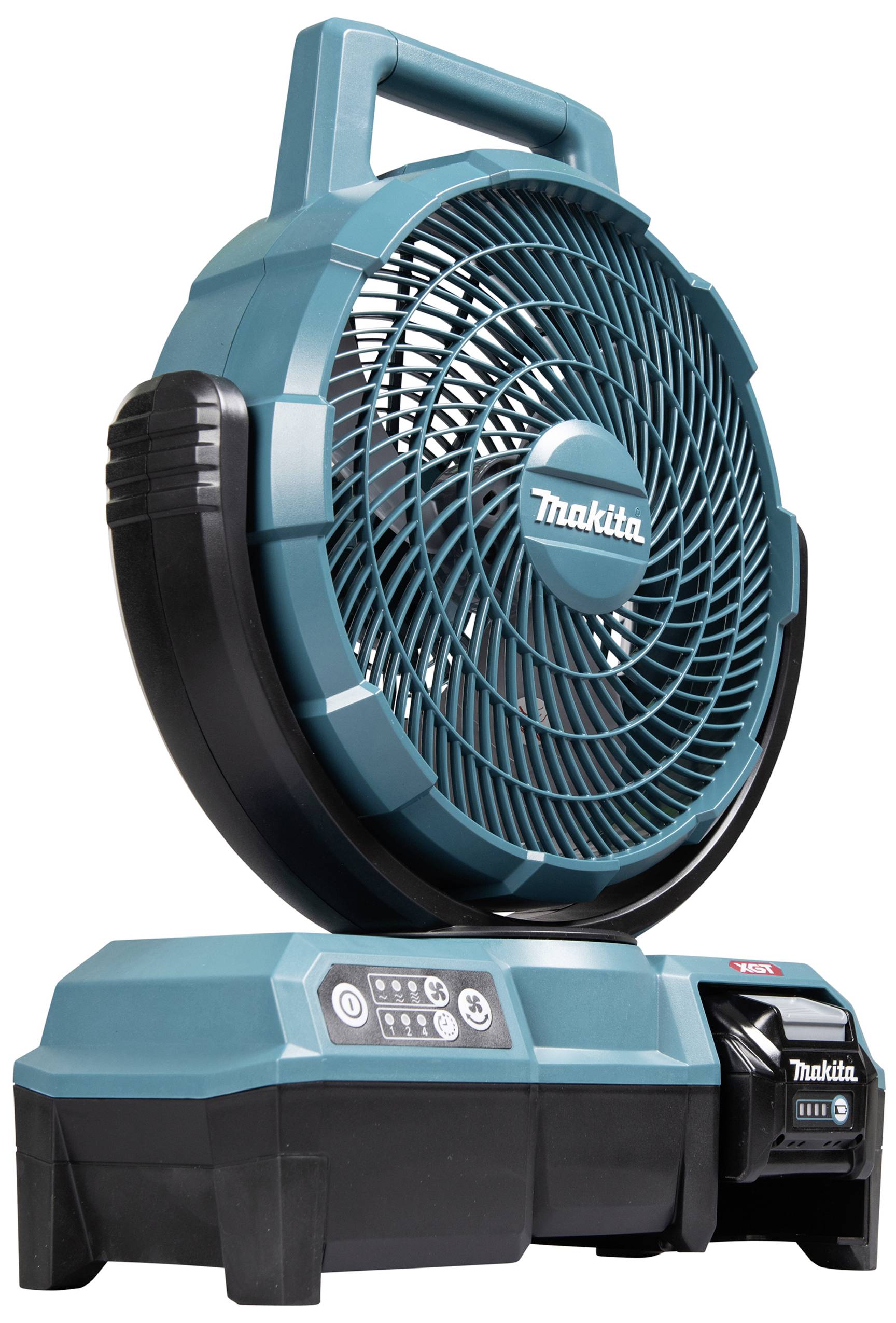 Blauer Makita-Akkulüfter mit integriertem Kontrollpanel und Tragegriff, wird auf einer ebenen Fläche präsentiert.