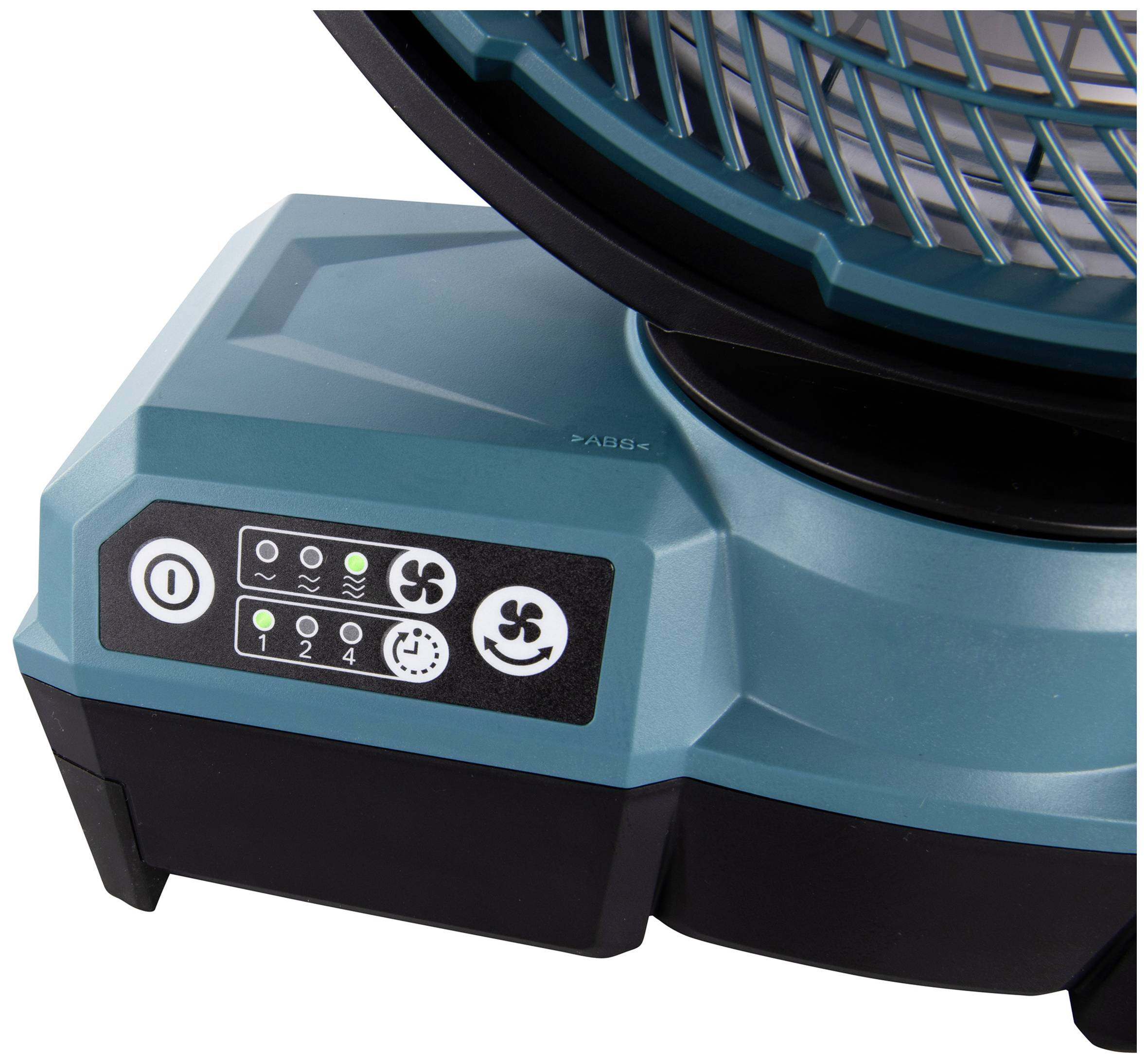 Eine blau-schwarze Ventilatorsteuerung mit Tasten für Ein/Aus, Geschwindigkeitseinstellungen und Timeranzeige.