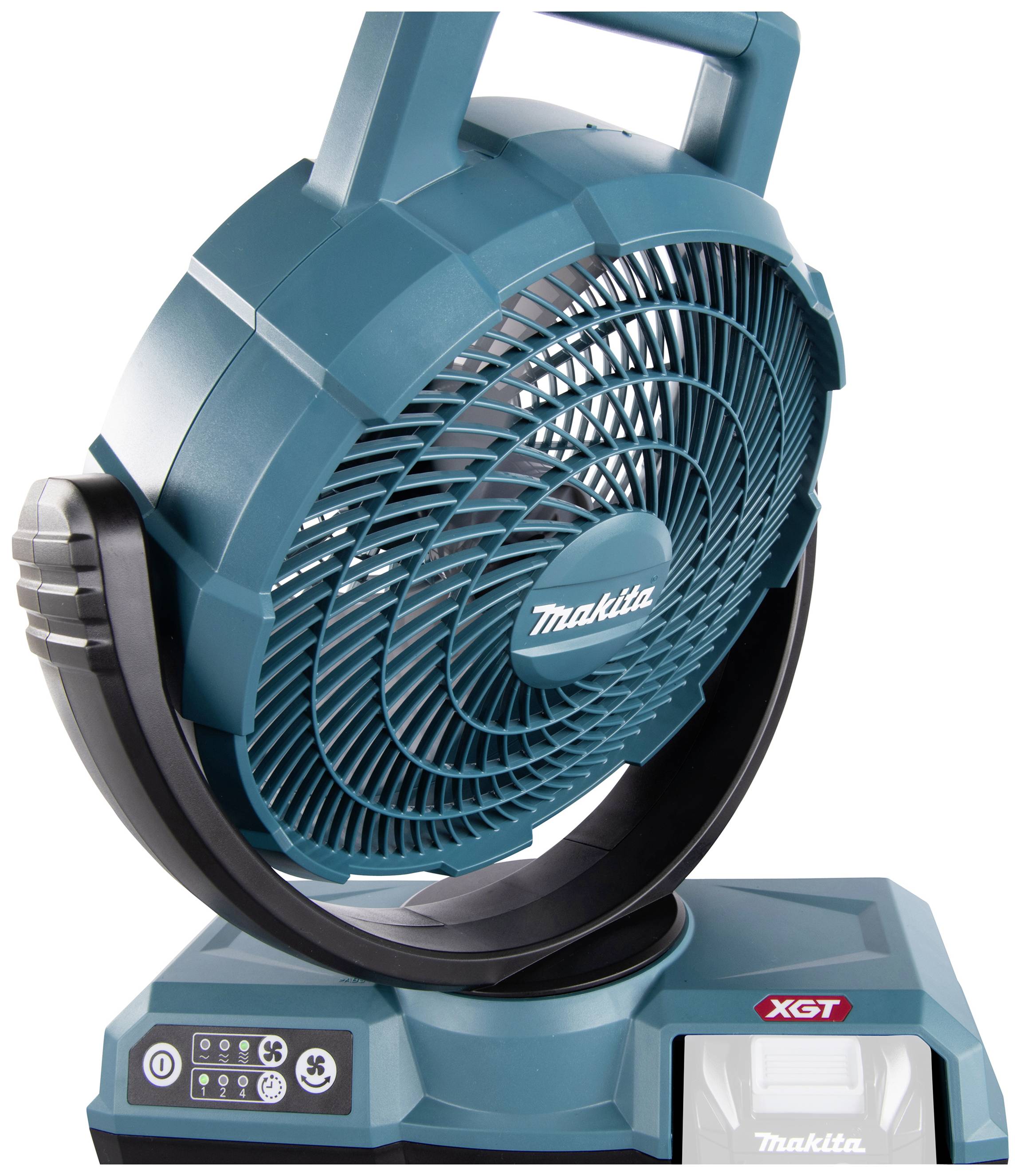 Tragbarer, blauer Makita XGT Ventilator mit Tragegriff, kippbarem Kopf und Bedienfeld mit vier Tasten auf der Vorderseite.