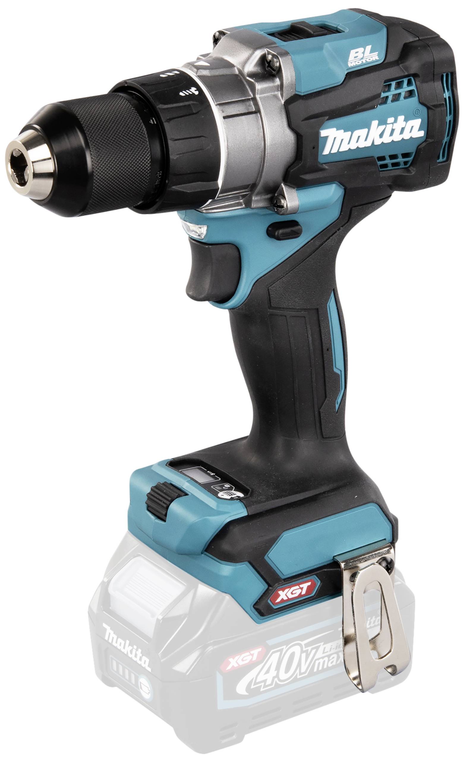 Ein blauer und schwarzer Akkuschrauber mit 40V-Batterie, seitlicher Haken und ergonomischem Griff.