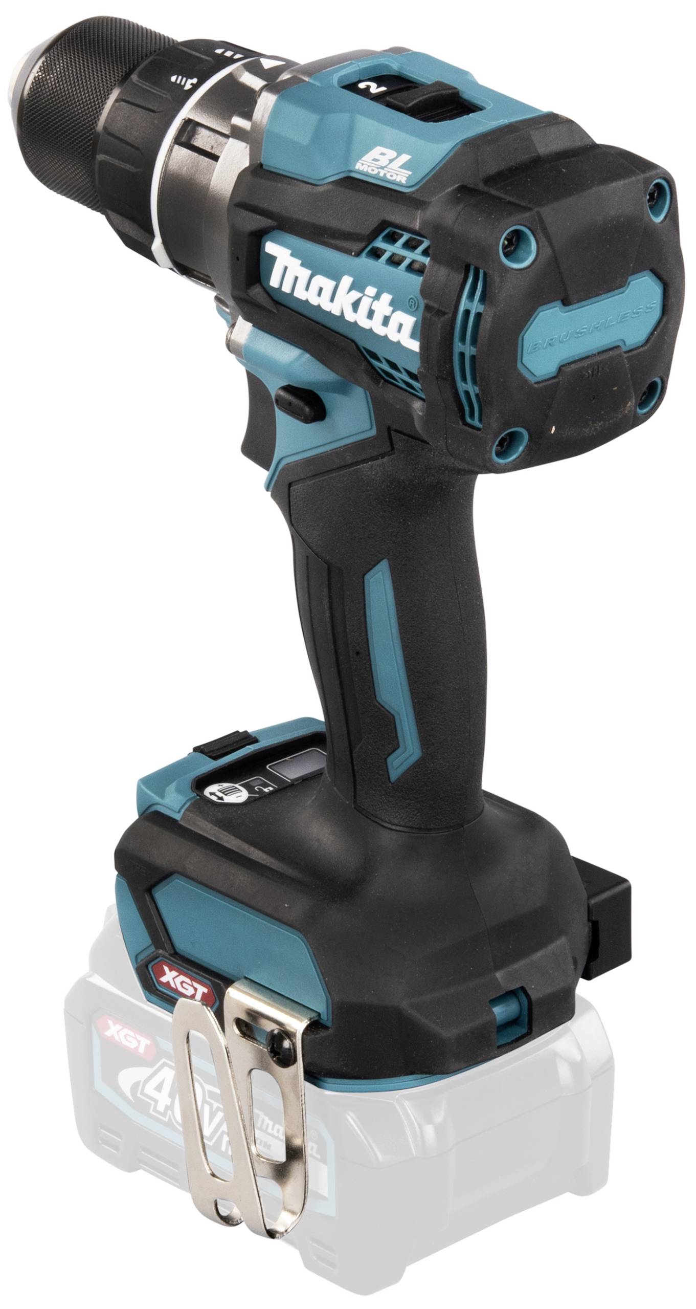 Kabelloser Bohrschrauber in Blau-Schwarz mit ergonomischem Griff und einem silbernen Gürtelclip. Geeignet für DIY- und Bauprojekte.