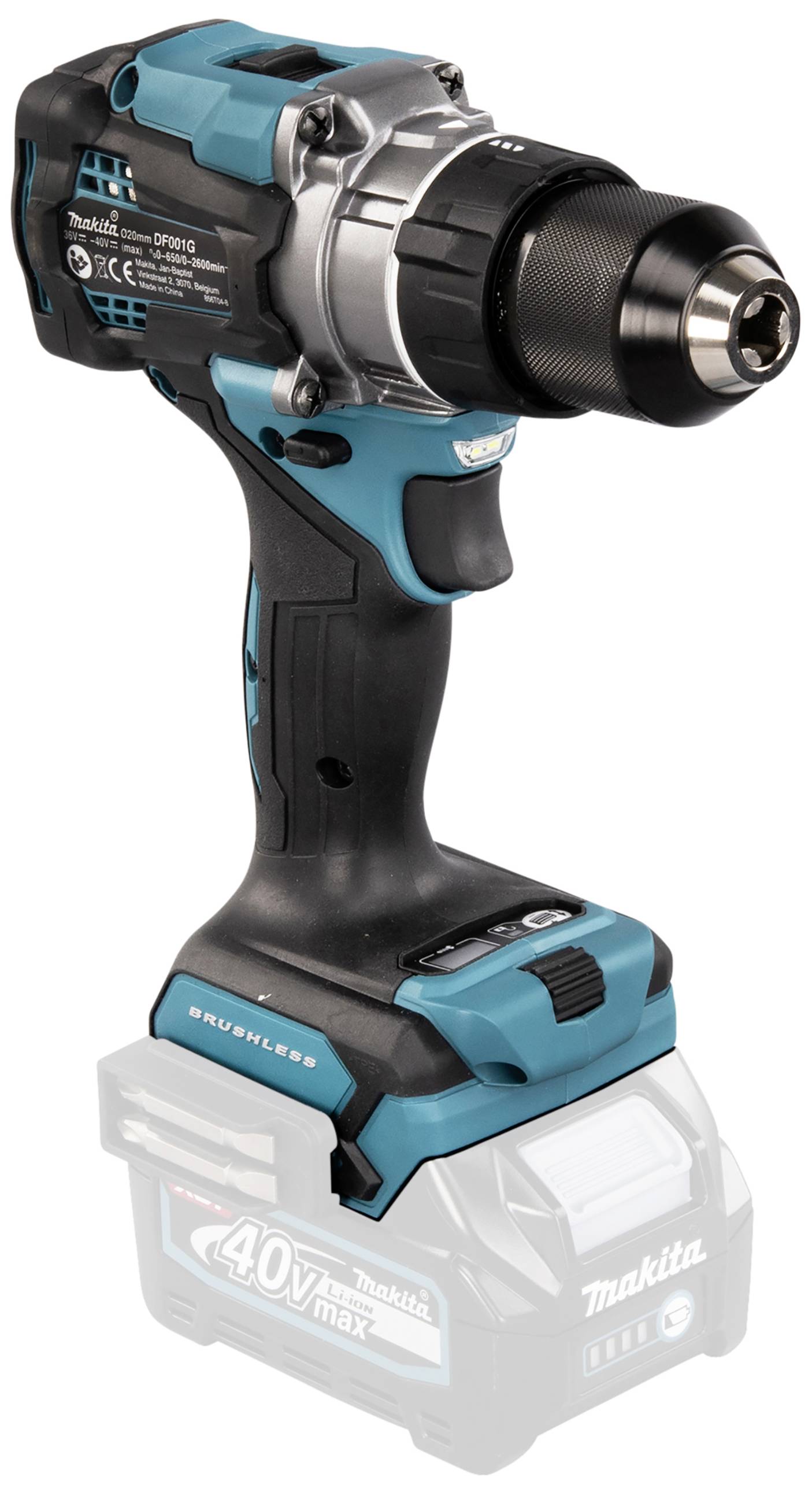 Kabelloser, bürstenloser Akkubohrer mit ergonomischem Griff, blau-schwarzem Gehäuse und 40V-Batterie.