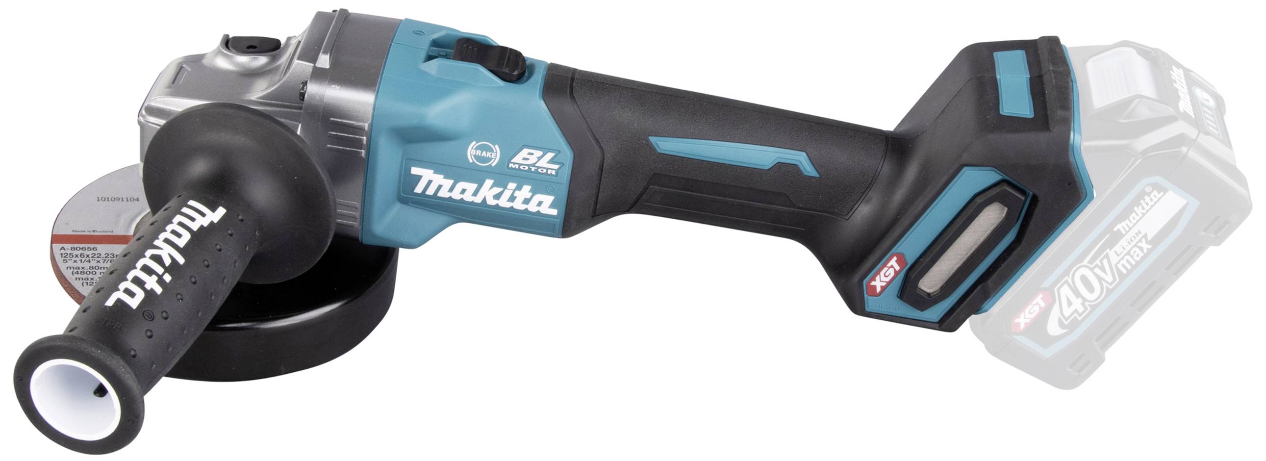 Ein kabelloser Winkelschleifer mit blau-schwarzem Gehäuse, seitlichem Griff und einer Scheibe. Batteriefach am hinteren Teil.