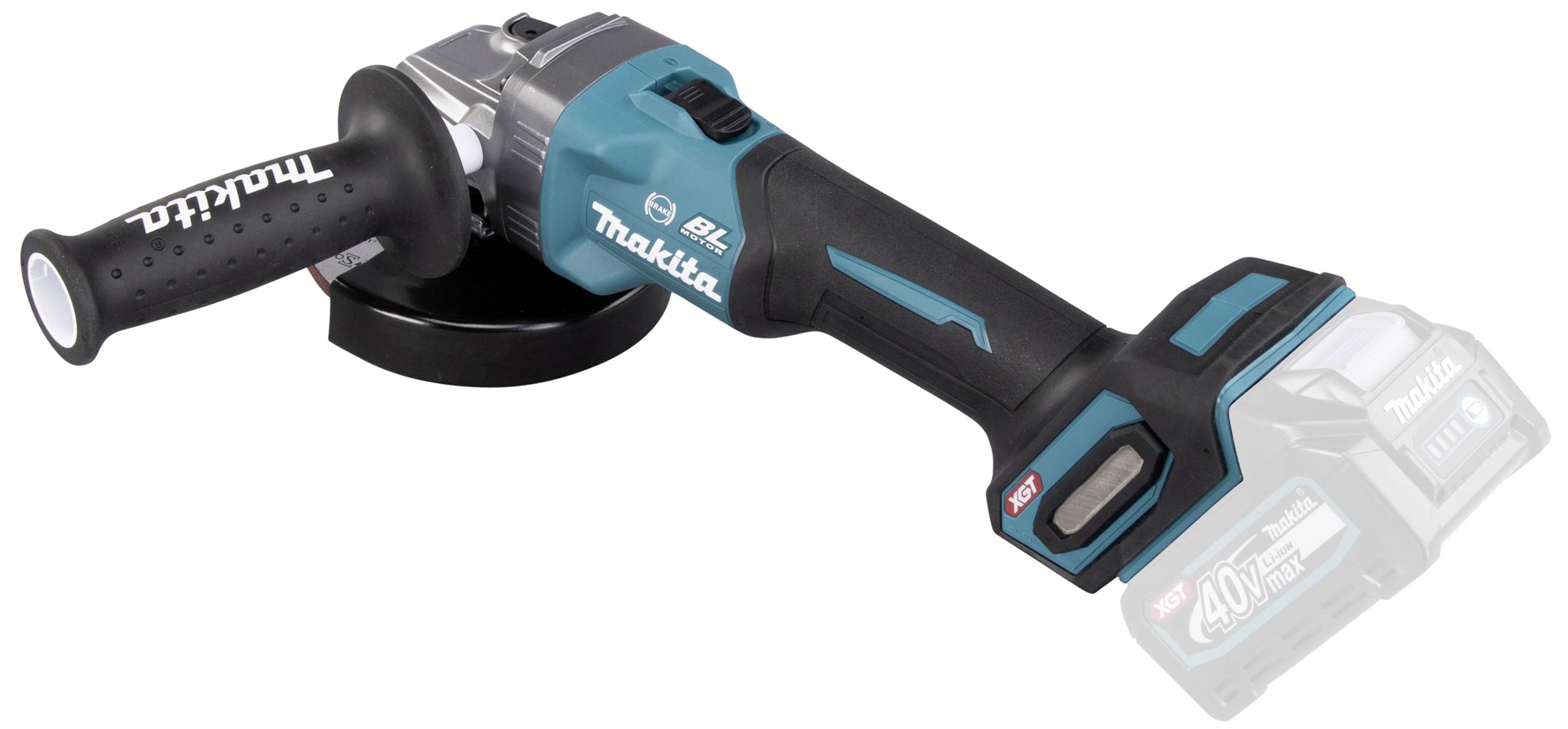 Bitte beachten Sie: Hier im Bild ist ein schnurloser Winkelschleifer abgebildet, mit blau-schwarzem Design und griffigem Handgriff.